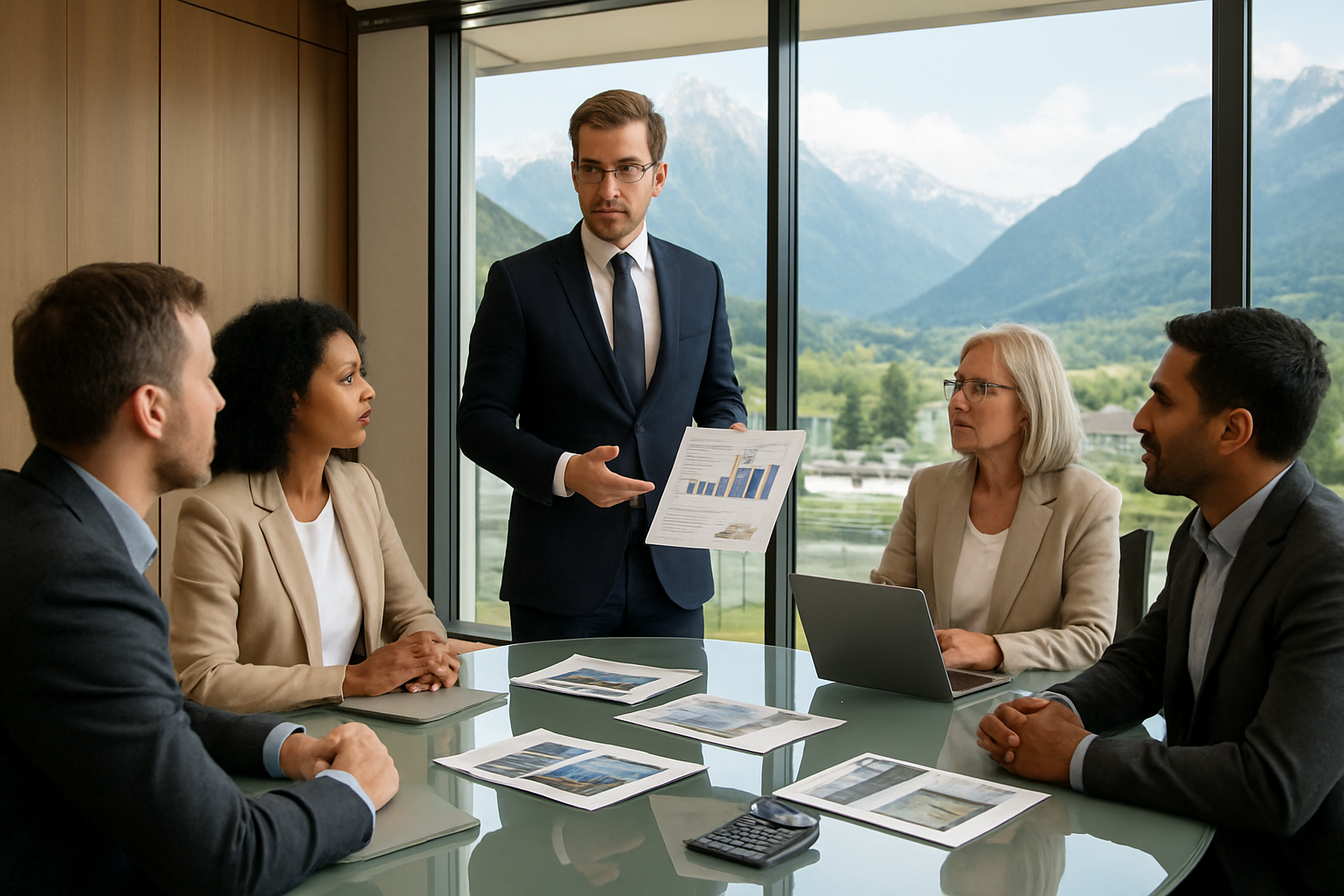 Create a realistic image of a modern Austrian real estate office with a white male financial advisor in a business suit presenting property investment documents and charts to a diverse group of potential investors seated around a contemporary glass conference table, featuring Austrian Alpine mountain views through large windows, with laptops, property brochures, and calculators on the table, professional lighting illuminating the sleek interior with wooden accents and minimalist design, conveying a serious business atmosphere focused on property investment planning, absolutely NO text should be in the scene.