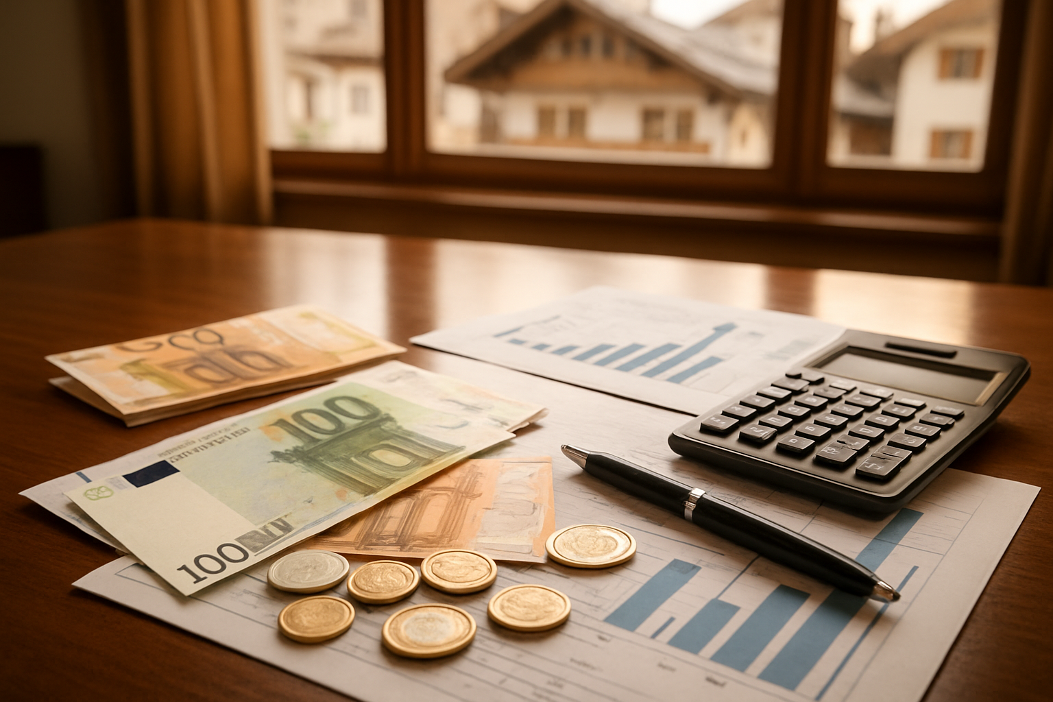 Create a realistic image of a modern financial planning scene featuring Austrian euro banknotes and coins spread across a polished wooden desk, alongside official tax documents with calculator, pen, and financial charts showing upward growth trends, with a subtle background of elegant Austrian real estate architectural elements like traditional alpine-style buildings, warm natural lighting from a window creating professional atmosphere, absolutely NO text should be in the scene.
