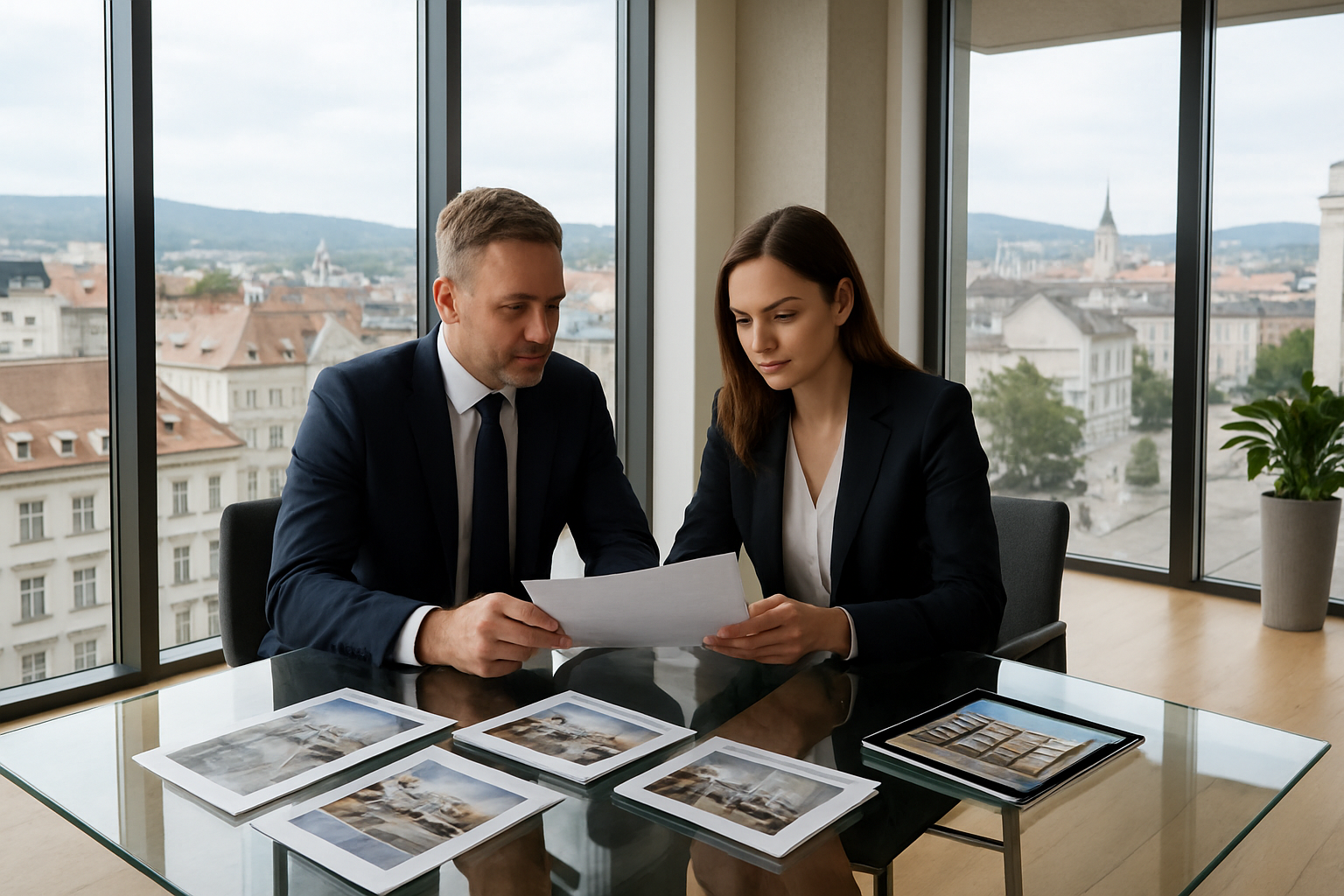 Create a realistic image of a modern Austrian real estate office interior with sleek glass conference table displaying property brochures and digital tablets showing luxury apartment listings, professional white male and female business consultants in dark suits reviewing co-ownership documents, contemporary office space with floor-to-ceiling windows overlooking Austrian cityscape with traditional and modern buildings, warm natural lighting creating professional trustworthy atmosphere, minimalist decor with Austrian architectural elements, absolutely NO text should be in the scene.