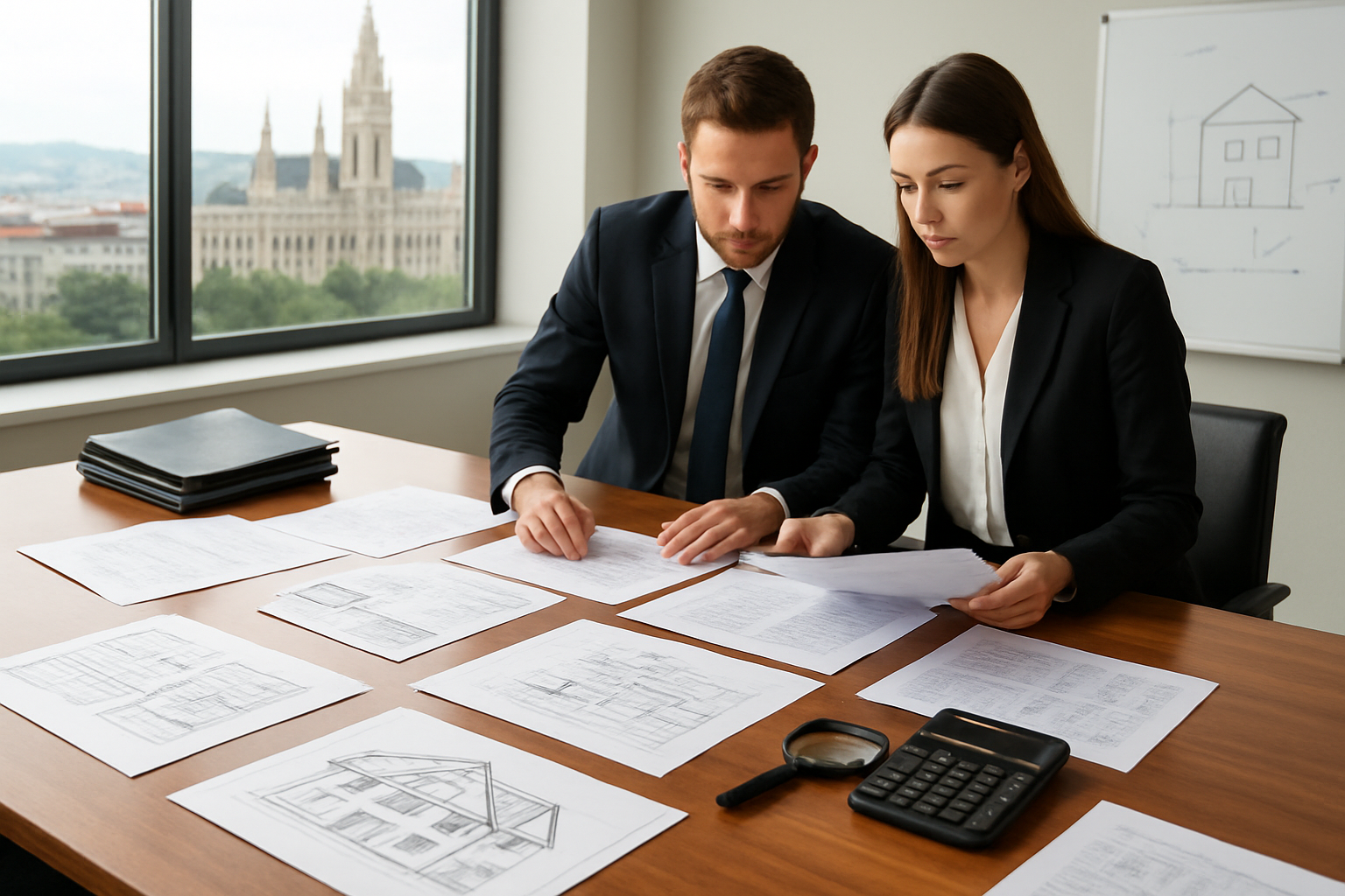 Create a realistic image of a modern Austrian office conference room with a polished wooden table displaying spread-out property documents, legal contracts, financial reports, and architectural blueprints of residential buildings, with a laptop showing property analytics charts, a calculator, magnifying glass, and professional folders organized on the table, featuring two business professionals - one white male and one white female - in formal attire examining documents together, with large windows showing Vienna's cityscape in the background, bright natural lighting creating a professional atmosphere, and a whiteboard with property investment diagrams visible on the wall, absolutely NO text should be in the scene.
