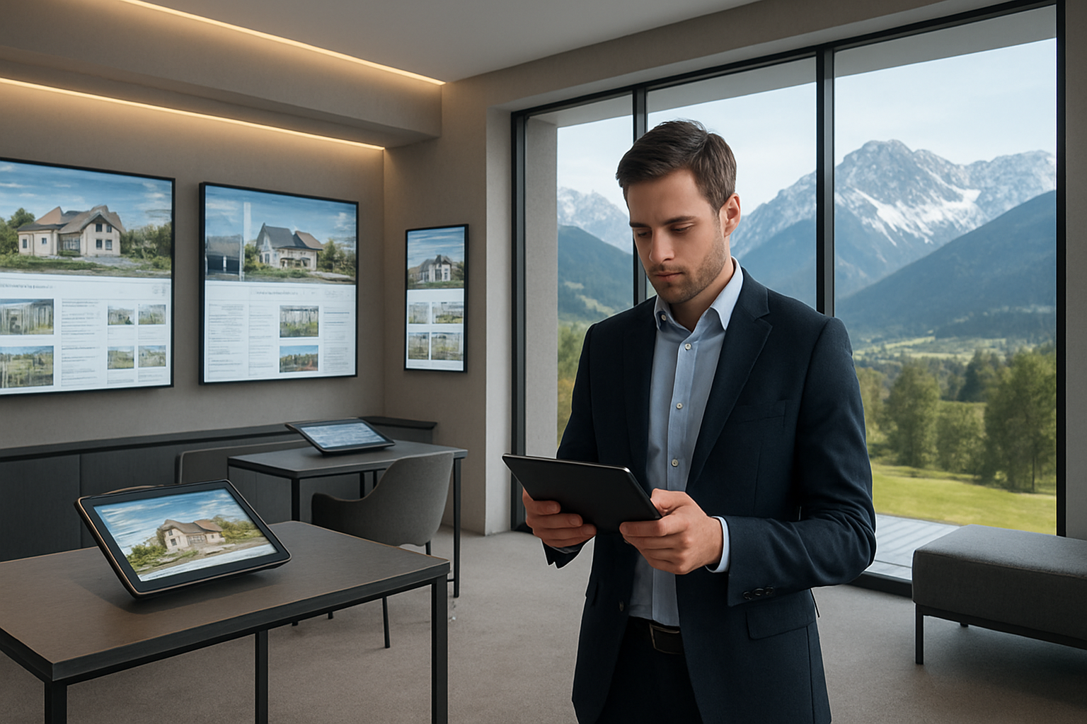 Create a realistic image of a modern Austrian real estate office interior featuring multiple large wall-mounted digital screens displaying property data, interactive touchscreen tablets on sleek desks, a white male professional in his 30s using a tablet to manage property portfolios, floor-to-ceiling windows showing Alpine mountain views, contemporary furniture with clean lines, subtle Austrian architectural elements, soft natural lighting combined with LED accent lighting, and a sophisticated technology-forward atmosphere. Absolutely NO text should be in the scene.