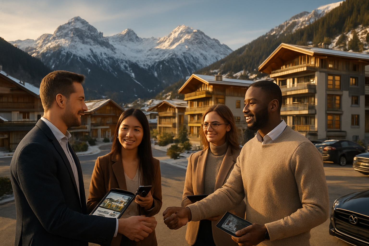 Create a realistic image of a modern Austrian alpine village with traditional wooden chalets and contemporary apartment buildings nestled in snow-capped mountains, featuring a diverse group of people including white male and female, black male and Asian female investors shaking hands in the foreground wearing business casual attire, with digital tablets and smartphones displaying property management apps, golden hour lighting casting warm shadows across the scene, luxury cars parked nearby, and a sense of prosperity and collaboration in the air, shot from a slightly elevated perspective to show both the people and the stunning mountain real estate backdrop, Absolutely NO text should be in the scene.