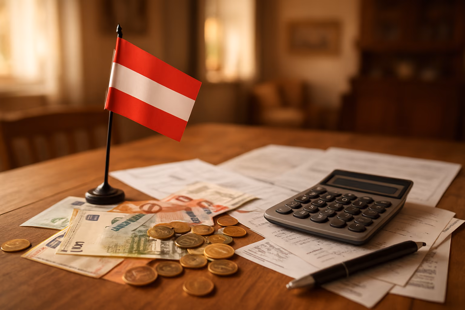 Create a realistic image of a detailed Austrian financial scene featuring Euro banknotes and coins scattered on a wooden table alongside typical Austrian household items like grocery receipts, utility bills, and a small Austrian flag, with a calculator and pen nearby, set against a warm indoor lighting with a cozy Austrian home interior visible in the blurred background, absolutely NO text should be in the scene.