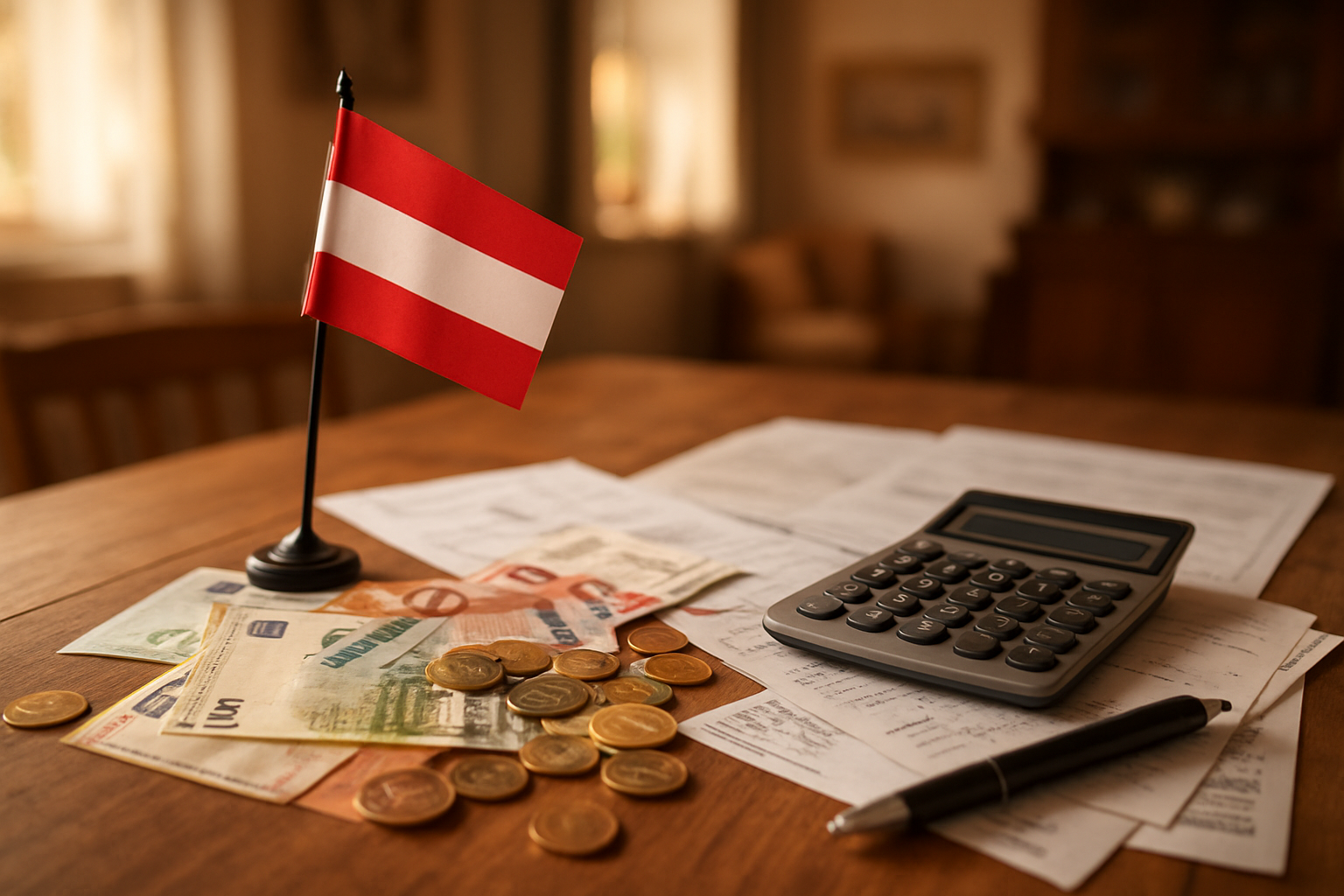 Create a realistic image of a detailed Austrian financial scene featuring Euro banknotes and coins scattered on a wooden table alongside typical Austrian household items like grocery receipts, utility bills, and a small Austrian flag, with a calculator and pen nearby, set against a warm indoor lighting with a cozy Austrian home interior visible in the blurred background, absolutely NO text should be in the scene.