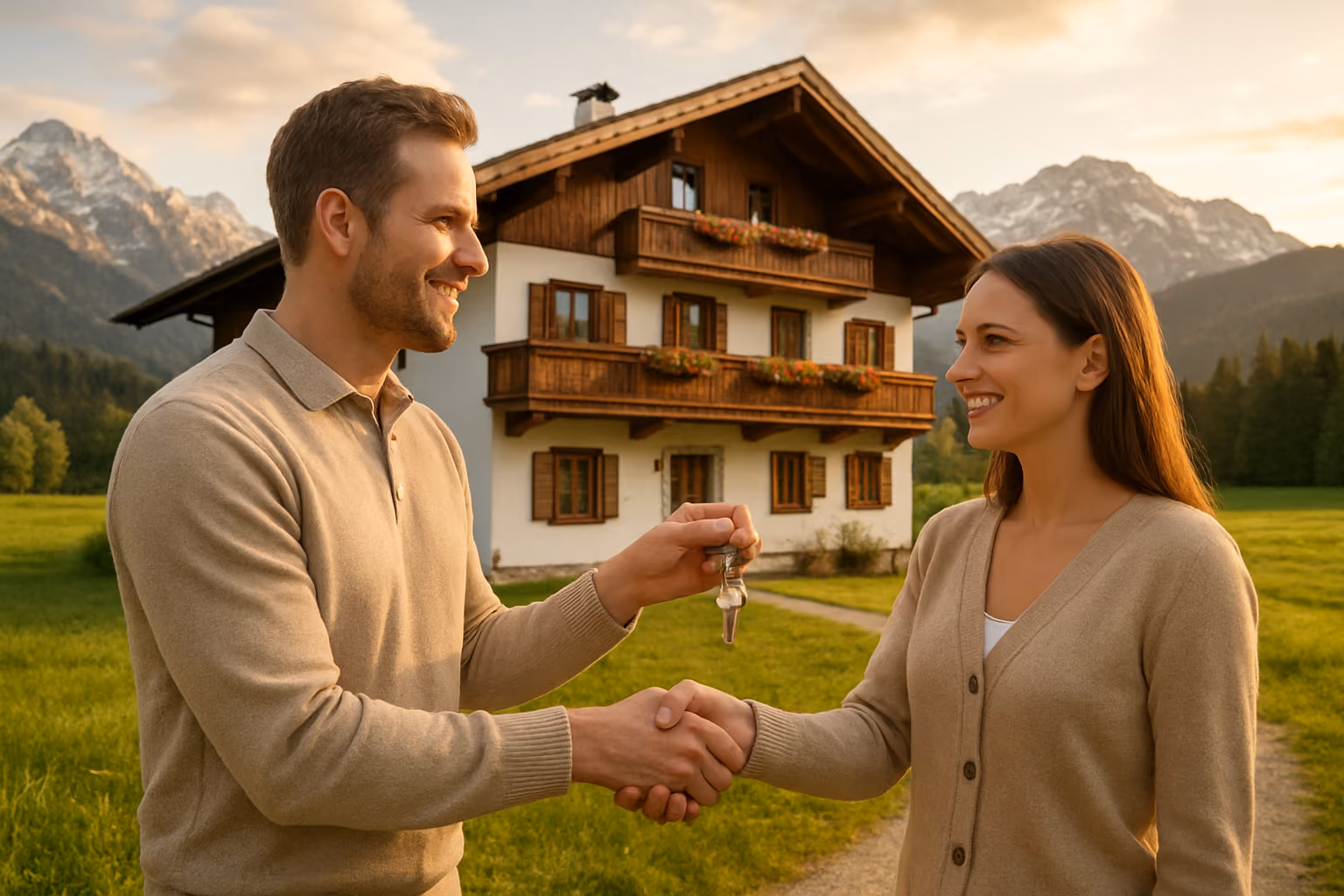 Create a realistic image of two white adults, one male and one female, shaking hands in front of a beautiful Austrian alpine house with traditional architecture, wooden balconies, and mountain views in the background, with house keys being exchanged between them, warm golden hour lighting creating a welcoming atmosphere that conveys partnership and shared property ownership, lush green meadows and snow-capped Austrian Alps visible in the distance, absolutely NO text should be in the scene.