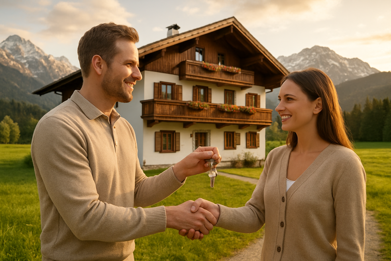 Create a realistic image of two white adults, one male and one female, shaking hands in front of a beautiful Austrian alpine house with traditional architecture, wooden balconies, and mountain views in the background, with house keys being exchanged between them, warm golden hour lighting creating a welcoming atmosphere that conveys partnership and shared property ownership, lush green meadows and snow-capped Austrian Alps visible in the distance, absolutely NO text should be in the scene.