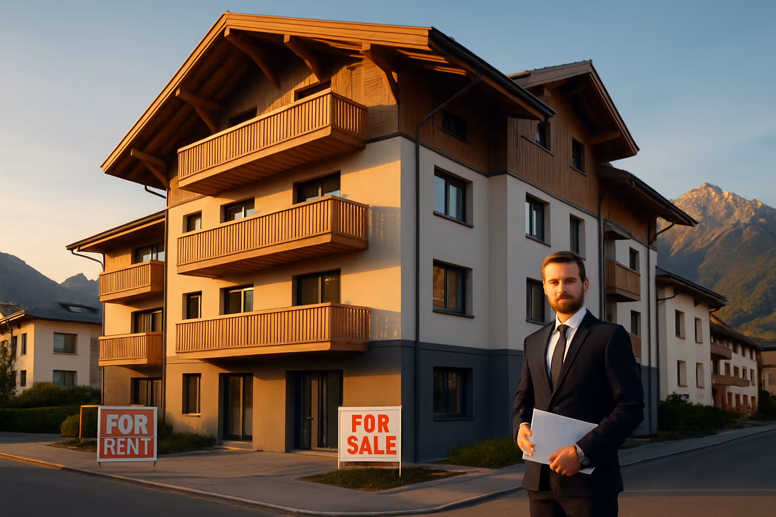 Create a realistic image of a modern Austrian apartment building exterior with "For Rent" and "For Sale" signs visible in front, showing a mix of traditional Alpine architecture and contemporary design elements, with a white male real estate agent in a business suit standing near the entrance holding property documents, surrounded by a clean urban street setting with mountain peaks visible in the background, captured during golden hour lighting that highlights the building's facade and creates a warm, inviting atmosphere while conveying the serious nature of property investment decisions, absolutely NO text should be in the scene.