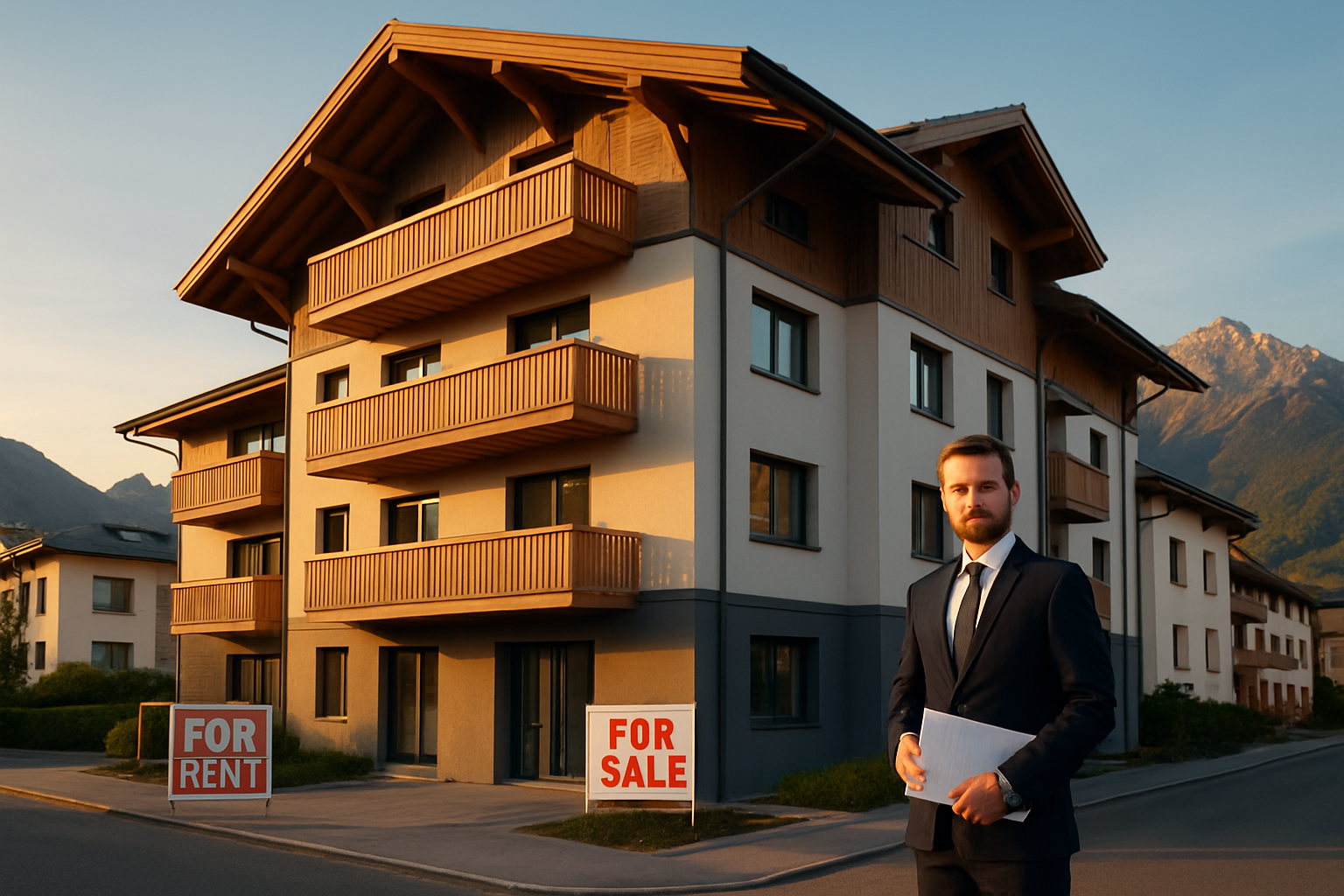 Create a realistic image of a modern Austrian apartment building exterior with "For Rent" and "For Sale" signs visible in front, showing a mix of traditional Alpine architecture and contemporary design elements, with a white male real estate agent in a business suit standing near the entrance holding property documents, surrounded by a clean urban street setting with mountain peaks visible in the background, captured during golden hour lighting that highlights the building's facade and creates a warm, inviting atmosphere while conveying the serious nature of property investment decisions, absolutely NO text should be in the scene.