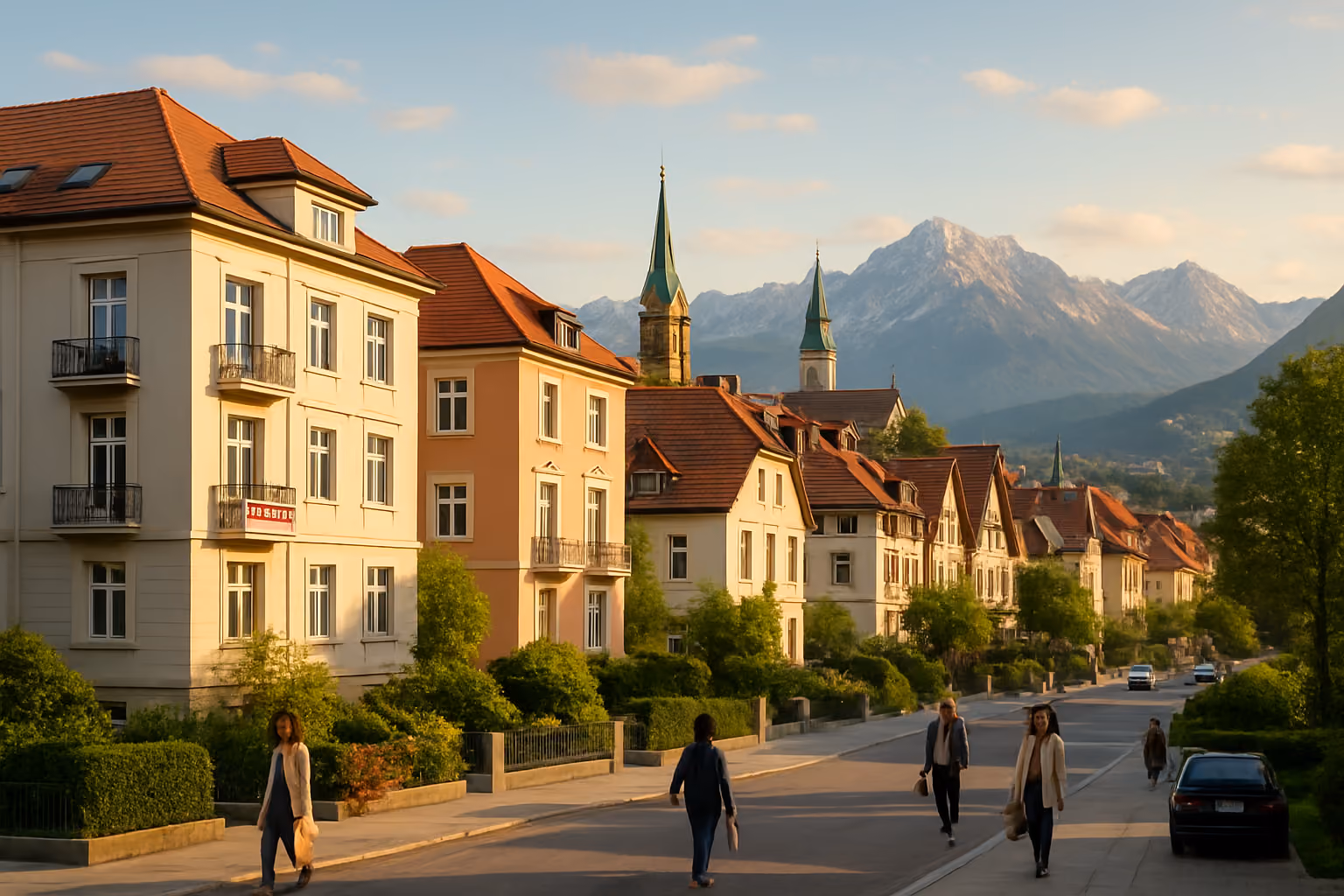 Create a realistic image of a modern Austrian cityscape with traditional alpine architecture featuring red-tiled roofs and church spires in the background, foreground showing elegant apartment buildings and houses with "For Sale" and "For Rent" signs, Austrian mountains visible in the distance, warm golden hour lighting creating an inviting atmosphere, clean streets with some parked cars, a few white and black people of mixed genders walking casually on sidewalks carrying shopping bags, lush green trees and small gardens around the buildings, clear blue sky with soft clouds, the scene conveying prosperity and quality living while maintaining an accessible and welcoming feel, absolutely NO text should be in the scene.