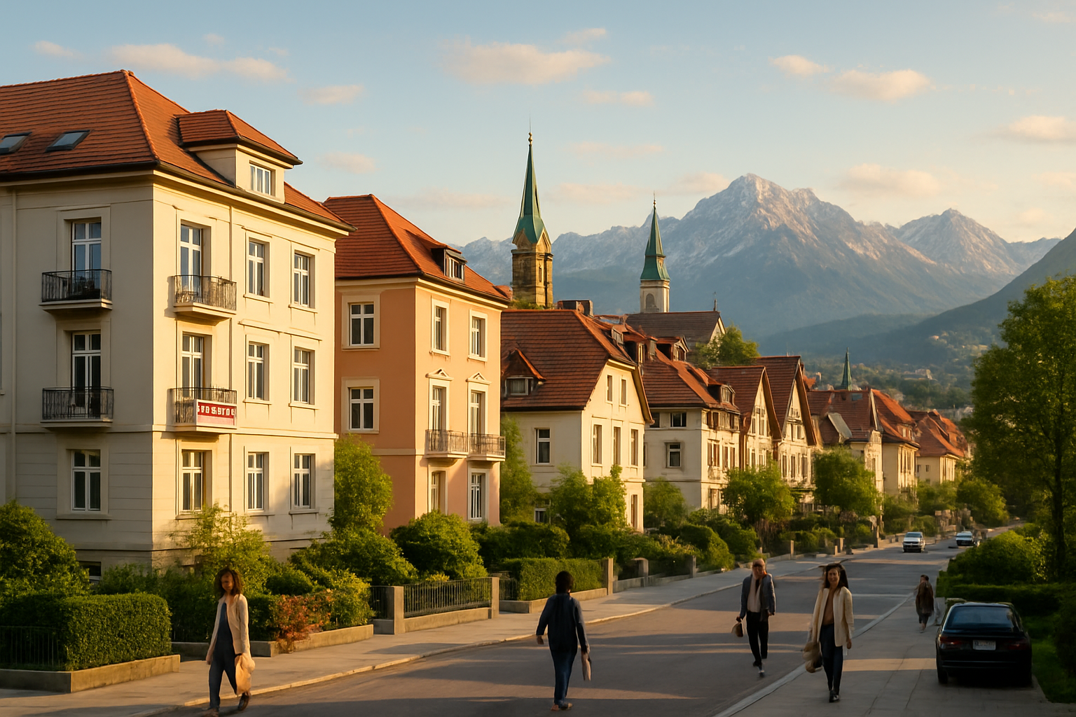 Create a realistic image of a modern Austrian cityscape with traditional alpine architecture featuring red-tiled roofs and church spires in the background, foreground showing elegant apartment buildings and houses with "For Sale" and "For Rent" signs, Austrian mountains visible in the distance, warm golden hour lighting creating an inviting atmosphere, clean streets with some parked cars, a few white and black people of mixed genders walking casually on sidewalks carrying shopping bags, lush green trees and small gardens around the buildings, clear blue sky with soft clouds, the scene conveying prosperity and quality living while maintaining an accessible and welcoming feel, absolutely NO text should be in the scene.