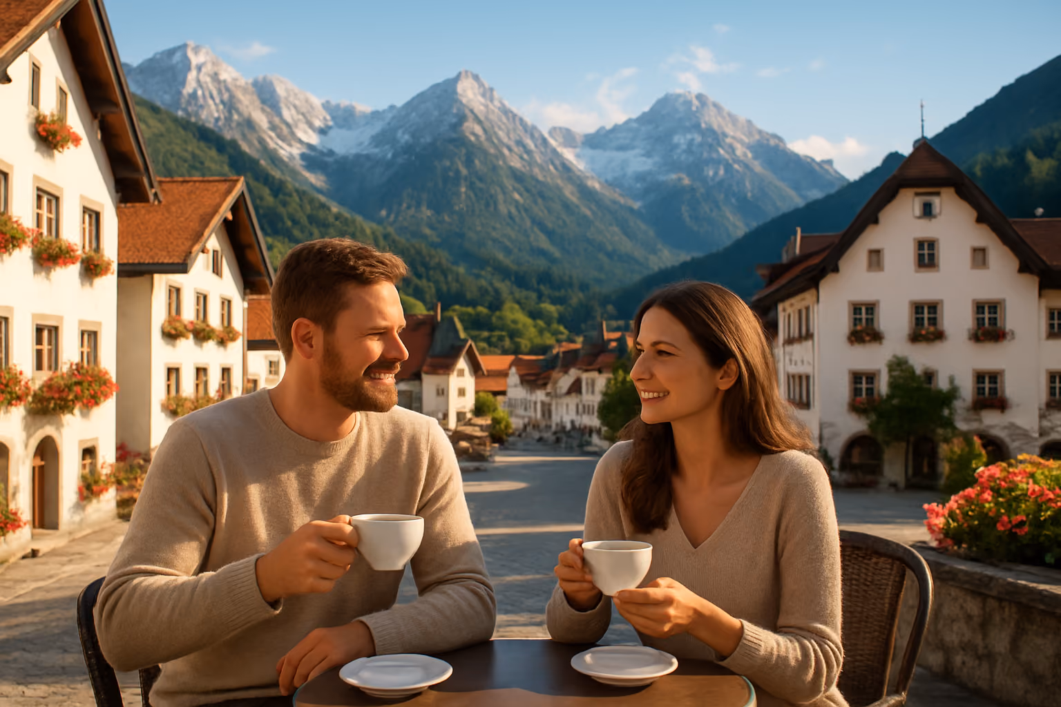 Create a realistic image of a picturesque Austrian alpine town with traditional architecture featuring white buildings with red-tiled roofs nestled in a green valley, snow-capped mountains in the background, a white male and white female in their 30s sitting at an outdoor café terrace enjoying coffee while overlooking the scenic landscape, cobblestone streets with flower boxes on building windowsills, clear blue sky with soft natural lighting suggesting late afternoon, the scene conveying prosperity, tranquility and high quality of living in an expensive but worthwhile European setting, absolutely NO text should be in the scene.