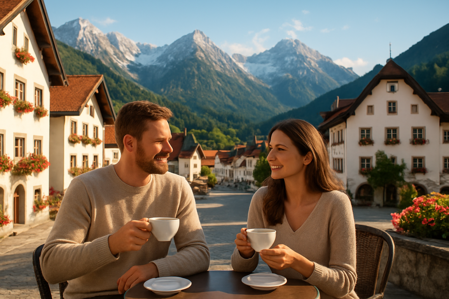 Create a realistic image of a picturesque Austrian alpine town with traditional architecture featuring white buildings with red-tiled roofs nestled in a green valley, snow-capped mountains in the background, a white male and white female in their 30s sitting at an outdoor café terrace enjoying coffee while overlooking the scenic landscape, cobblestone streets with flower boxes on building windowsills, clear blue sky with soft natural lighting suggesting late afternoon, the scene conveying prosperity, tranquility and high quality of living in an expensive but worthwhile European setting, absolutely NO text should be in the scene.