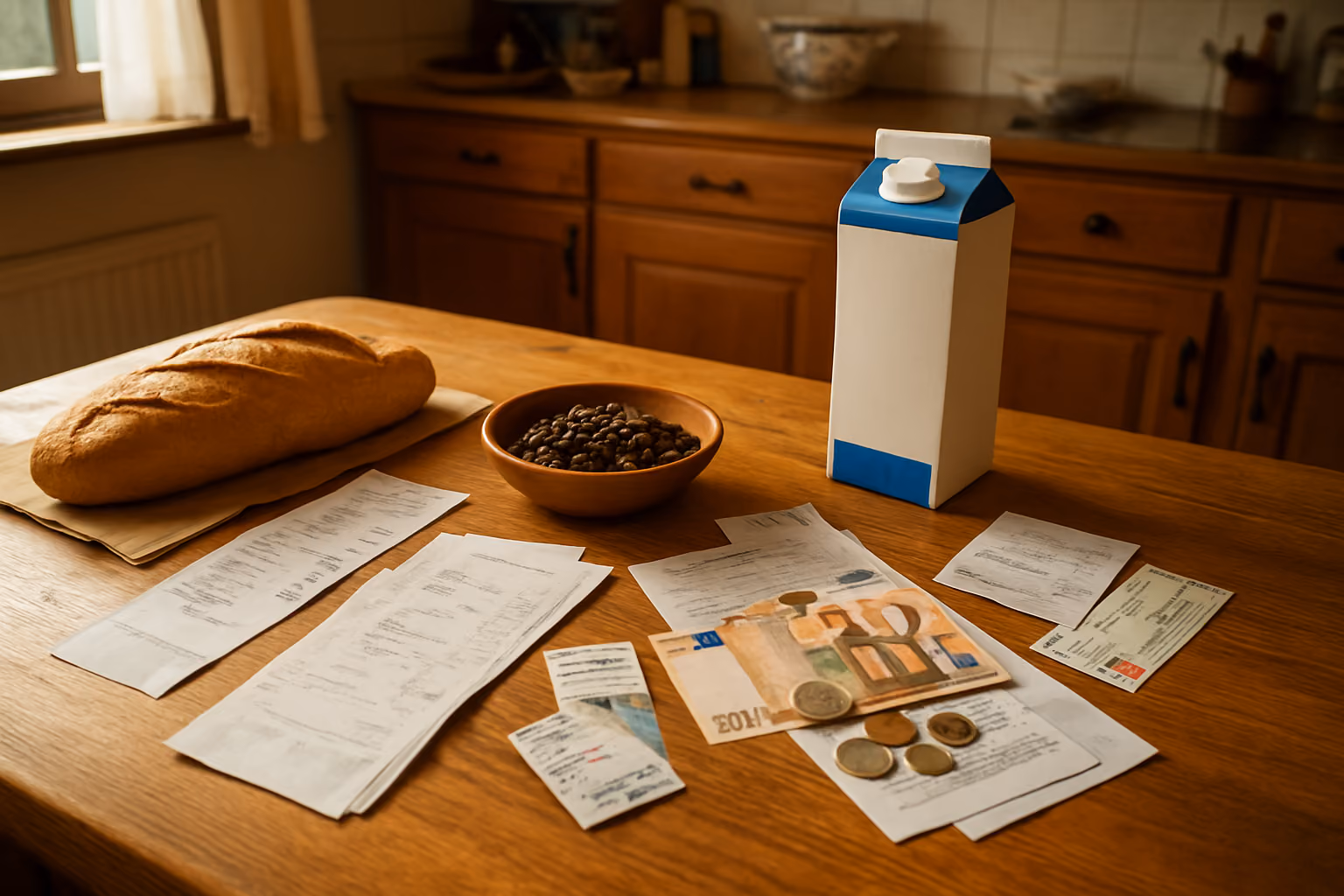 Create a realistic image of a wooden kitchen table with various everyday Austrian living expense items spread across it including grocery receipts, fresh bread, milk carton, coffee beans, utility bills, transportation tickets, and Euro banknotes and coins scattered around, shot from above in warm natural lighting streaming through a window, with a cozy Austrian home kitchen background featuring traditional wooden cabinets and ceramic dishes, absolutely NO text should be in the scene.