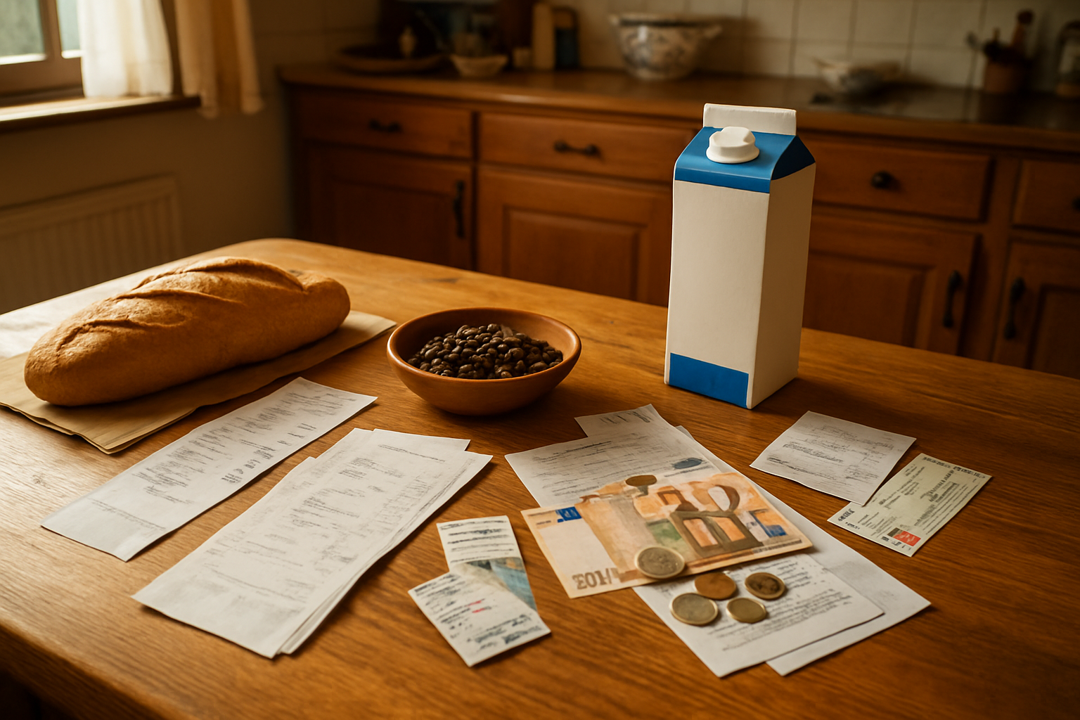 Create a realistic image of a wooden kitchen table with various everyday Austrian living expense items spread across it including grocery receipts, fresh bread, milk carton, coffee beans, utility bills, transportation tickets, and Euro banknotes and coins scattered around, shot from above in warm natural lighting streaming through a window, with a cozy Austrian home kitchen background featuring traditional wooden cabinets and ceramic dishes, absolutely NO text should be in the scene.