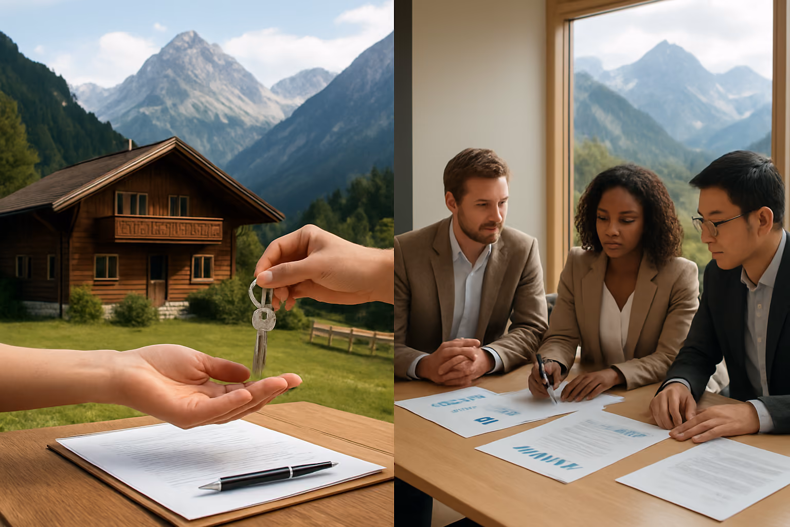 Create a realistic image of a split-screen composition showing two distinct scenarios: on the left side, a traditional vacation rental scene with a beautiful Austrian alpine chalet surrounded by mountains, featuring keys being handed over and rental documents on a wooden table; on the right side, a co-ownership meeting scene with a diverse group including a white male, black female, and Asian male reviewing financial charts and property documents around a modern conference table, with the same Austrian mountain property visible through a large window in the background, warm natural lighting creating a professional yet welcoming atmosphere, absolutely NO text should be in the scene.