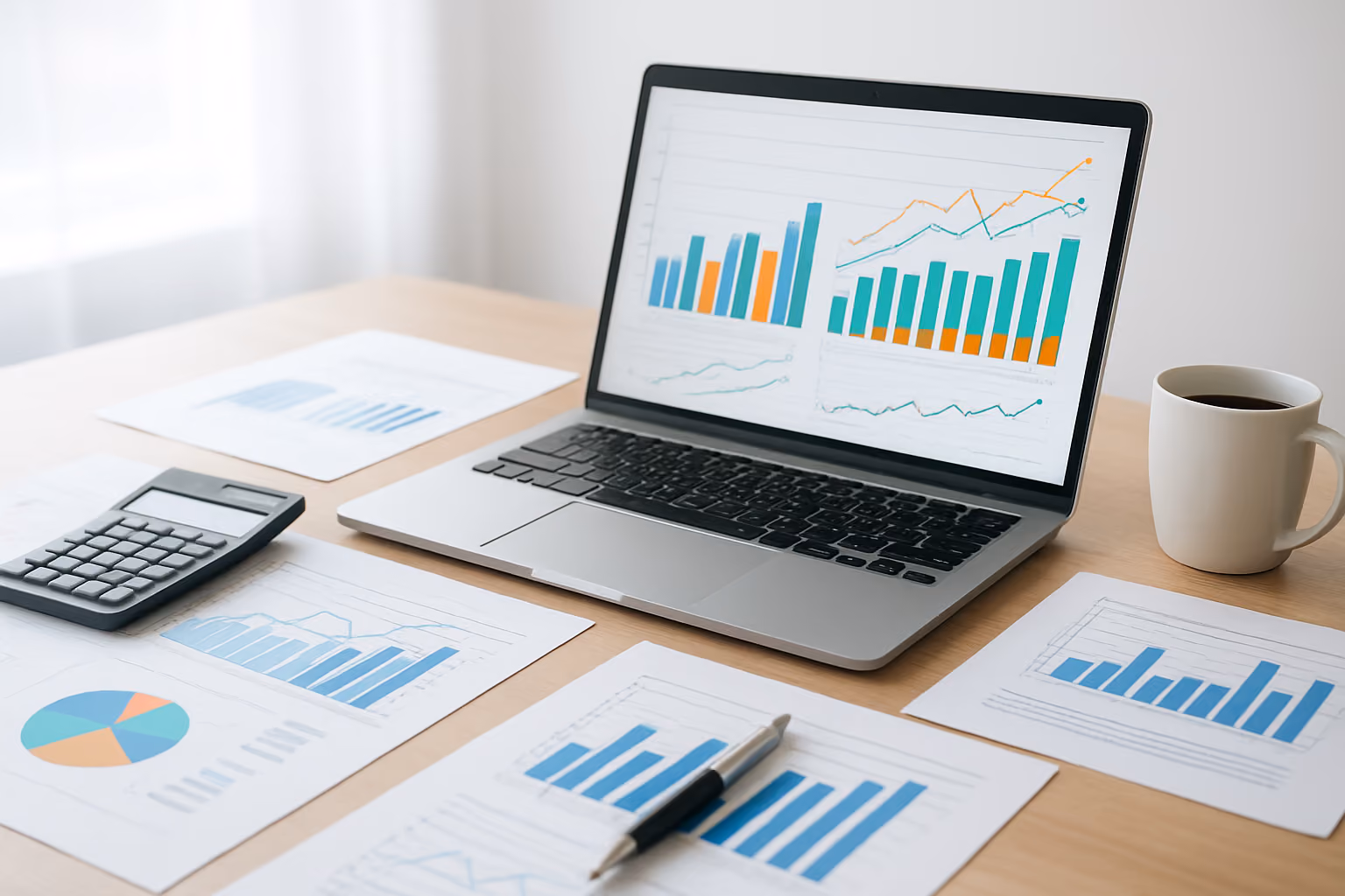 Create a realistic image of a modern office desk with financial documents, charts, and graphs spread across the surface, featuring a laptop displaying colorful bar charts and line graphs comparing investment performance over time, with a calculator, pen, and coffee cup nearby, set against a clean white background with soft natural lighting from a window, representing professional financial analysis and investment planning. Absolutely NO text should be in the scene.
