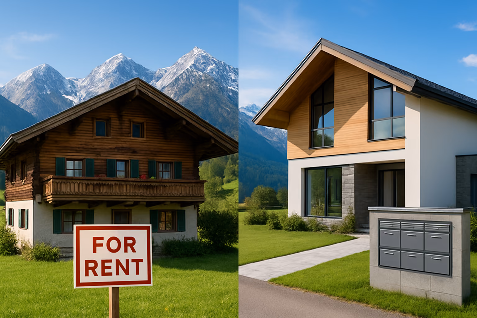 Create a realistic image of a split-screen composition showing two distinct Austrian vacation home options: on the left side, a traditional Austrian chalet with a "For Rent" sign in the front yard, and on the right side, a modern mountain villa with multiple mailboxes at the entrance suggesting shared ownership, both properties set against the backdrop of snow-capped Austrian Alps, with lush green meadows in the foreground, bright daylight with clear blue skies, architectural details showcasing typical Austrian design elements like wooden balconies and sloped roofs, Absolutely NO text should be in the scene.