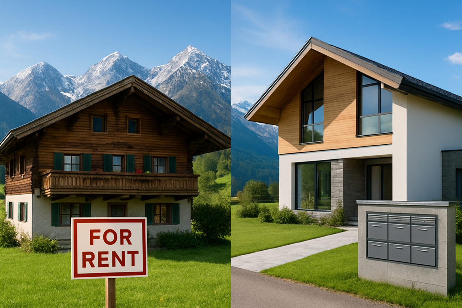 Create a realistic image of a split-screen composition showing two distinct Austrian vacation home options: on the left side, a traditional Austrian chalet with a "For Rent" sign in the front yard, and on the right side, a modern mountain villa with multiple mailboxes at the entrance suggesting shared ownership, both properties set against the backdrop of snow-capped Austrian Alps, with lush green meadows in the foreground, bright daylight with clear blue skies, architectural details showcasing typical Austrian design elements like wooden balconies and sloped roofs, Absolutely NO text should be in the scene.