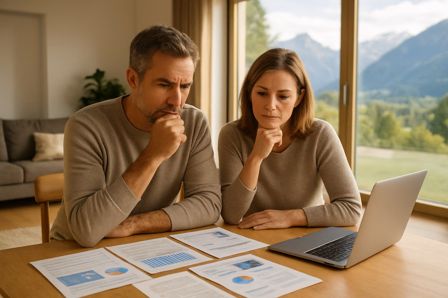 Create a realistic image of a middle-aged white male and white female couple sitting at a modern wooden dining table, thoughtfully reviewing financial documents and brochures spread across the surface, with a laptop computer open showing charts, set in a bright contemporary living room with large windows revealing beautiful Austrian mountain scenery in the background, warm natural lighting creating a contemplative decision-making atmosphere, absolutely NO text should be in the scene.