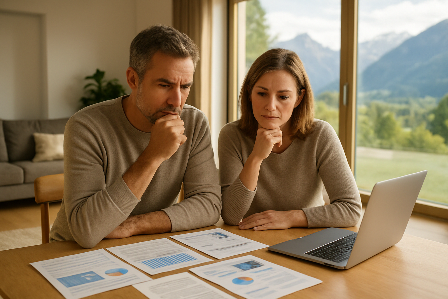 Create a realistic image of a middle-aged white male and white female couple sitting at a modern wooden dining table, thoughtfully reviewing financial documents and brochures spread across the surface, with a laptop computer open showing charts, set in a bright contemporary living room with large windows revealing beautiful Austrian mountain scenery in the background, warm natural lighting creating a contemplative decision-making atmosphere, absolutely NO text should be in the scene.