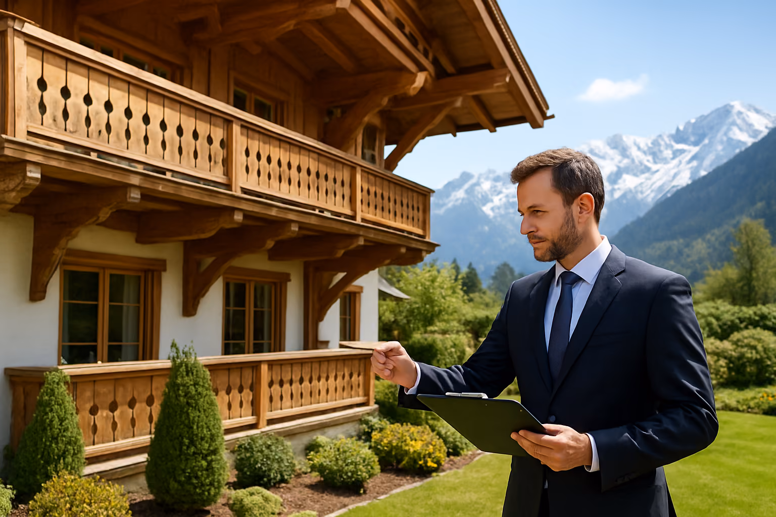 Create a realistic image of a professional white male property manager in business attire inspecting a luxurious Austrian mountain chalet, holding a clipboard and examining the exterior wooden balcony railings, with well-maintained landscaped gardens in the foreground, snow-capped Austrian Alps visible in the background, bright natural daylight creating a clean and organized atmosphere that emphasizes quality maintenance and professional property care, absolutely NO text should be in the scene.