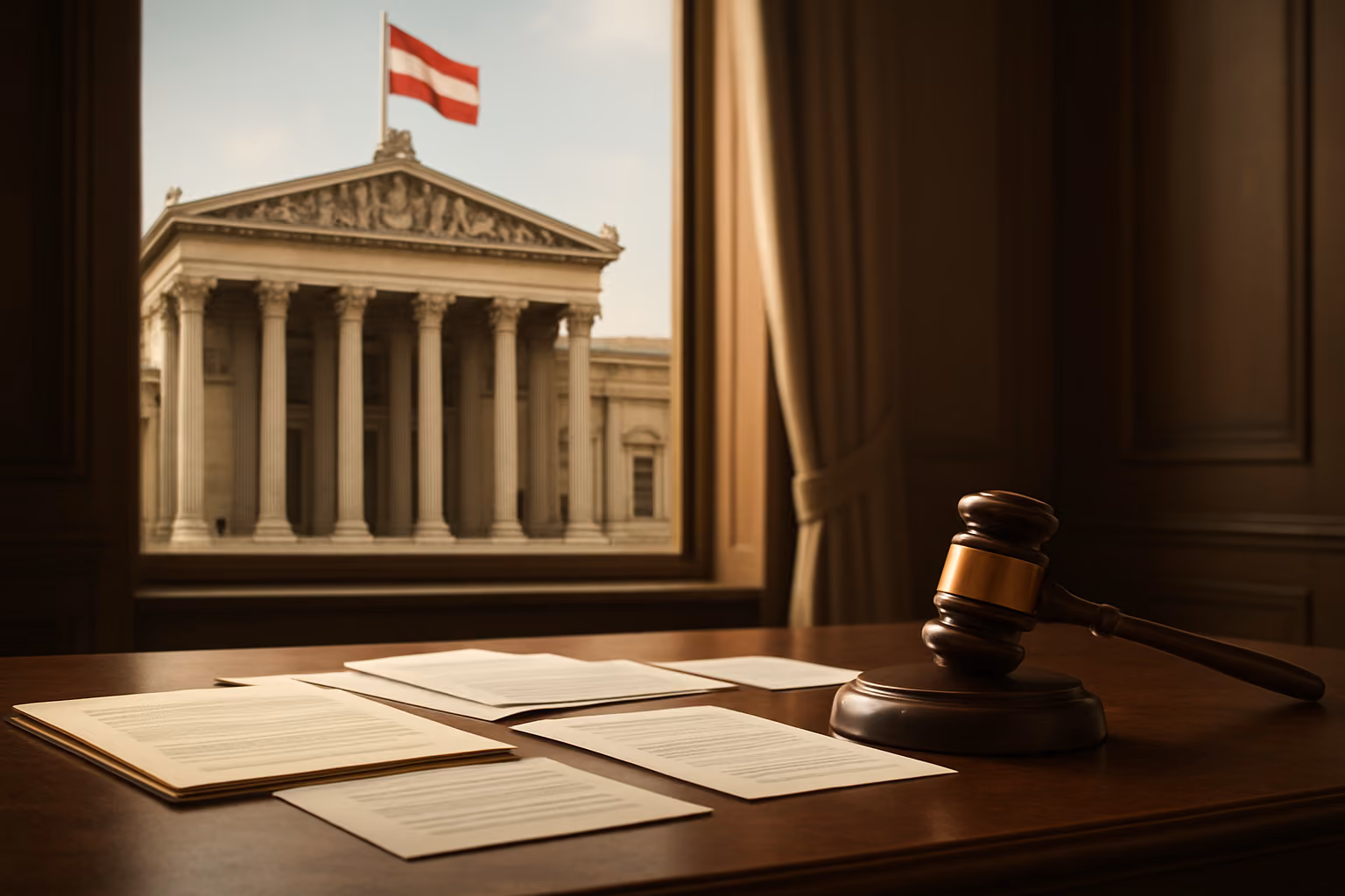 Create a realistic image of an elegant Austrian government building with classical architecture featuring stone columns and ornate details, with the Austrian flag prominently displayed, alongside a wooden desk containing legal documents, official papers, and a gavel, set against a professional office interior with warm natural lighting streaming through tall windows, creating a formal atmosphere that conveys legal authority and regulatory oversight, absolutely NO text should be in the scene.