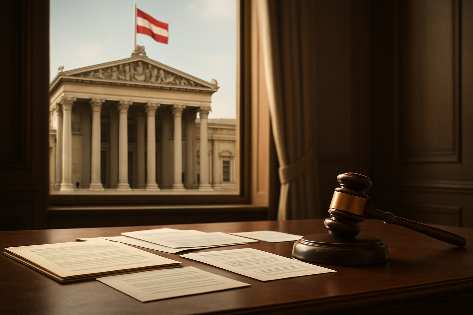 Create a realistic image of an elegant Austrian government building with classical architecture featuring stone columns and ornate details, with the Austrian flag prominently displayed, alongside a wooden desk containing legal documents, official papers, and a gavel, set against a professional office interior with warm natural lighting streaming through tall windows, creating a formal atmosphere that conveys legal authority and regulatory oversight, absolutely NO text should be in the scene.