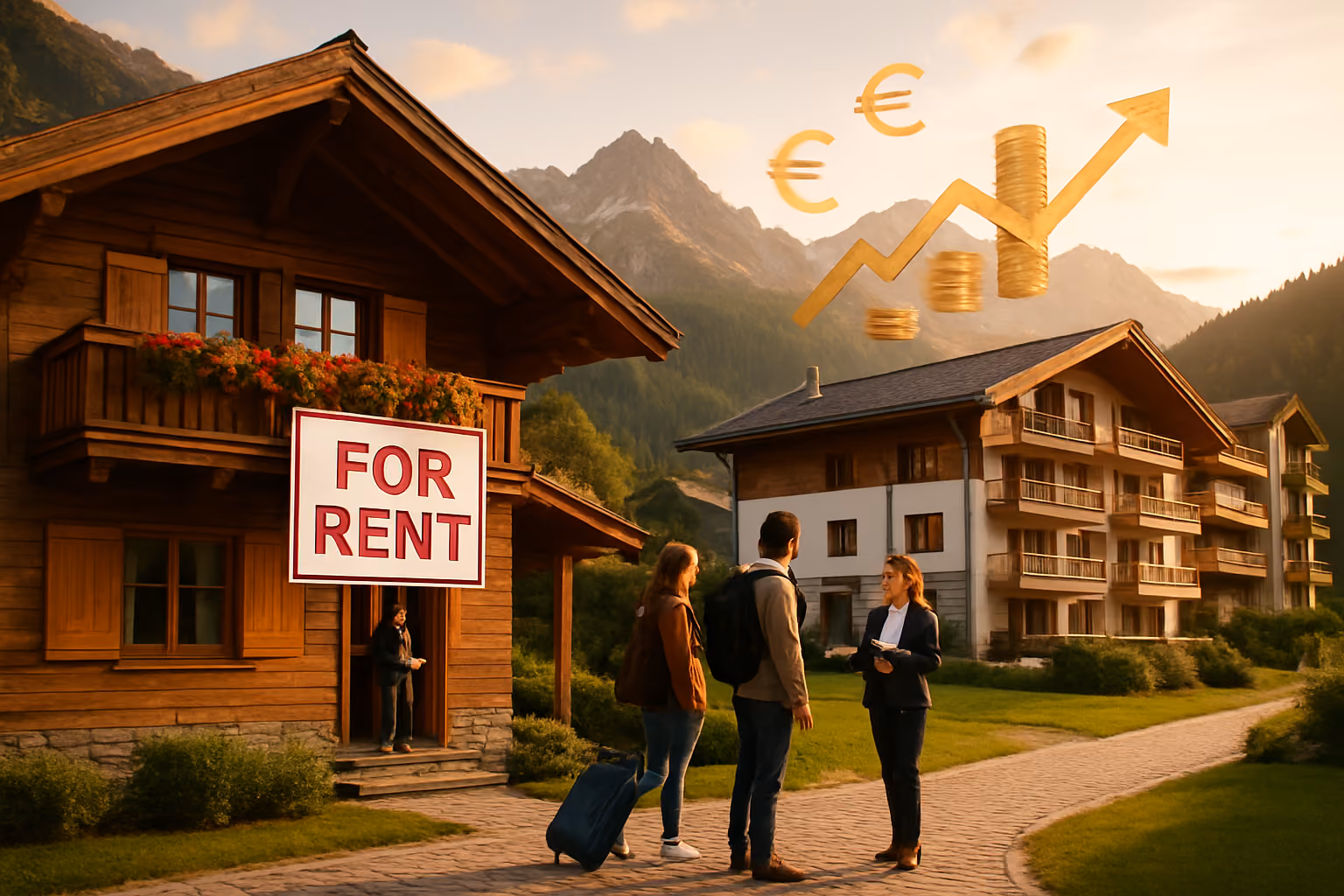 Create a realistic image of Austrian Alpine vacation rental properties with visible income-generating elements including rental signs, tourists with luggage checking in, and financial growth symbols like upward trending arrows made of coins or euro symbols floating subtly in the air, set against a backdrop of beautiful mountain chalets and luxury condominiums, with warm golden hour lighting creating an inviting atmosphere that suggests profitable investment opportunities, absolutely NO text should be in the scene.