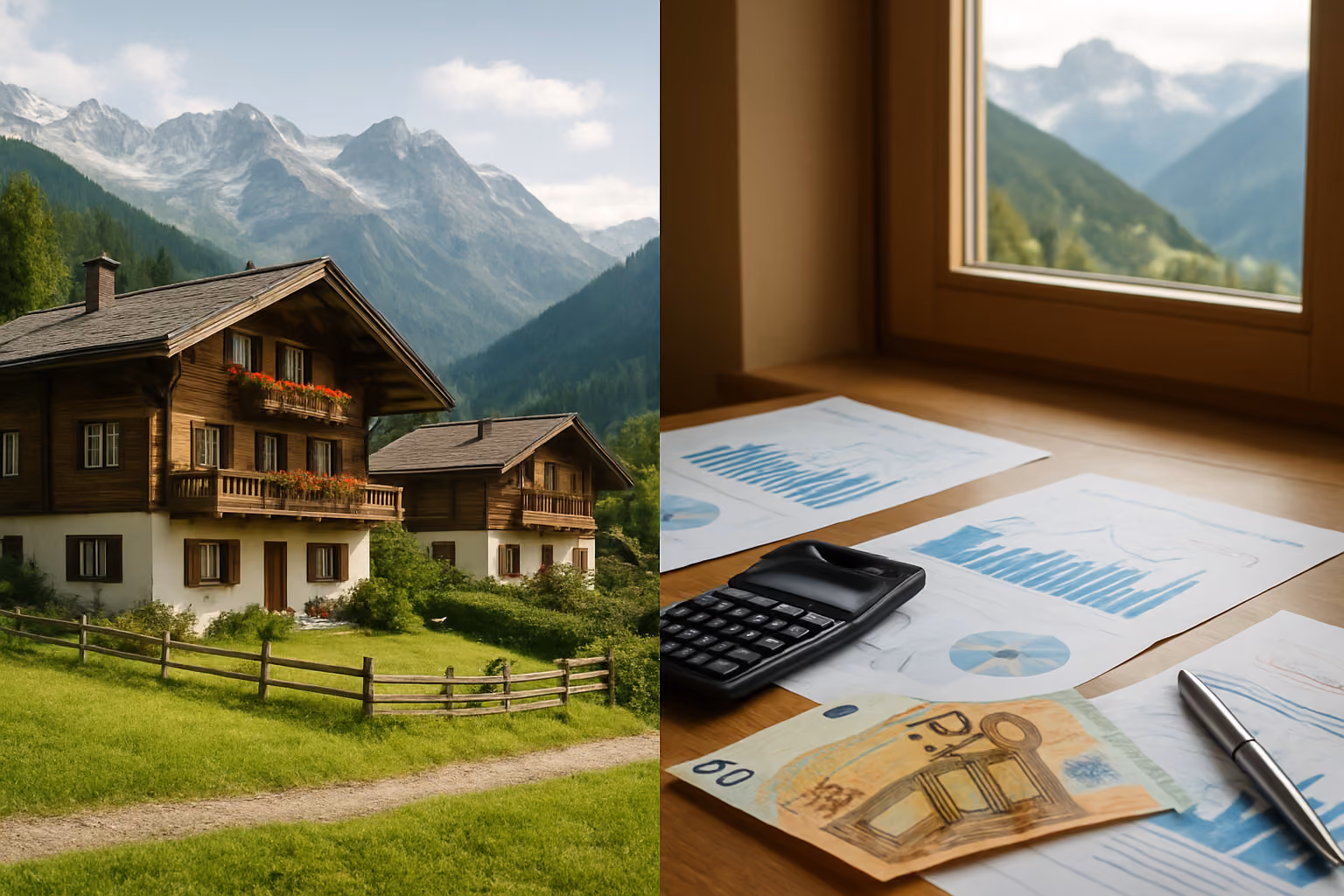 Create a realistic image of a split-screen composition showing Austrian mountain chalets and vacation homes on one side, with financial documents, calculators, euro banknotes, and investment charts spread on a wooden desk on the other side, set against a soft natural lighting backdrop with the Austrian Alps visible through a window, creating a professional yet warm atmosphere that conveys real estate investment analysis, absolutely NO text should be in the scene.