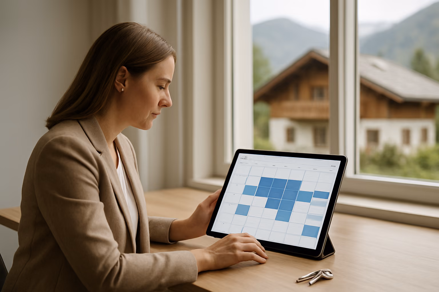 Create a realistic image of a modern calendar scheduling interface displayed on a tablet screen being viewed by a white female professional in her 30s sitting at a clean wooden desk, with the calendar showing blocked-out vacation dates and available time slots, alongside a set of house keys and a luxury Austrian alpine chalet visible through a large window in the background, soft natural lighting from the window, professional and organized atmosphere, Absolutely NO text should be in the scene.