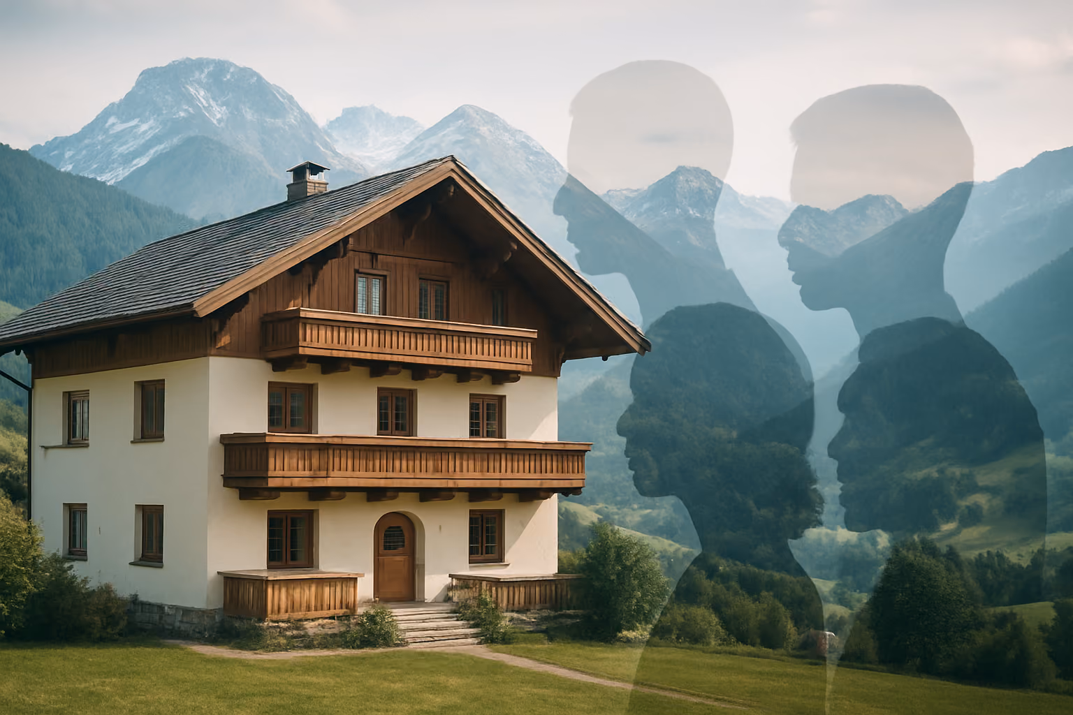 Create a realistic image of an elegant Austrian alpine property with traditional architecture featuring wooden balconies and steep roofs, with a semi-transparent overlay effect showing multiple silhouettes of diverse people (including white male, black female, and Asian male figures) representing shared ownership, set against a backdrop of snow-capped Austrian mountains and green valleys, with soft natural lighting suggesting collaboration and accessibility, absolutely NO text should be in the scene.