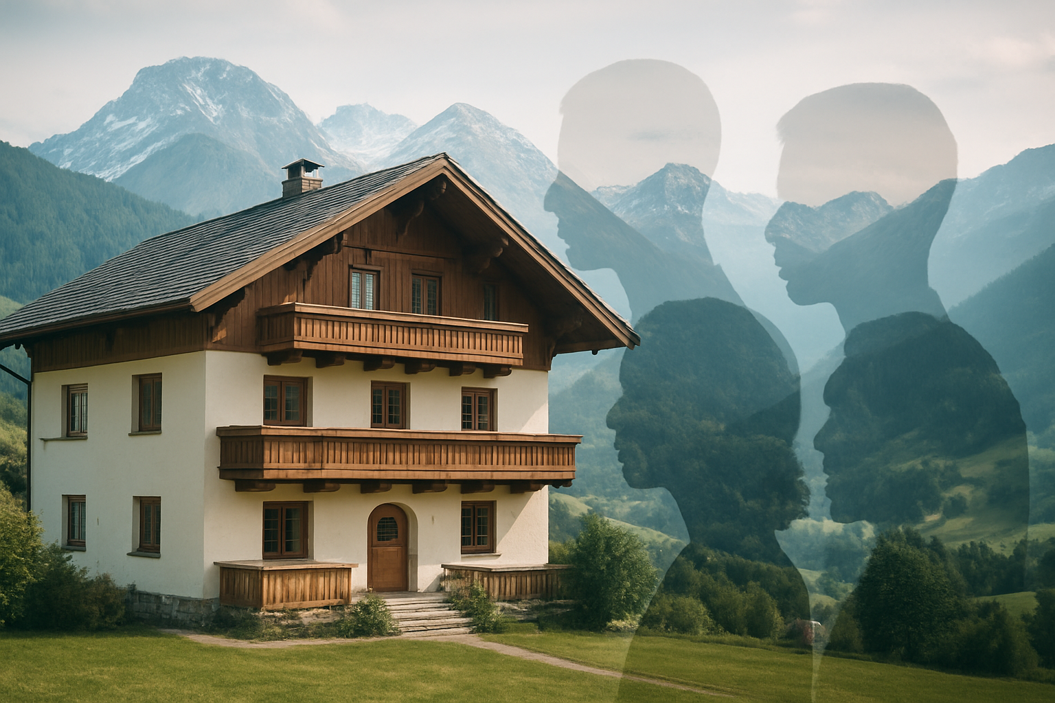 Create a realistic image of an elegant Austrian alpine property with traditional architecture featuring wooden balconies and steep roofs, with a semi-transparent overlay effect showing multiple silhouettes of diverse people (including white male, black female, and Asian male figures) representing shared ownership, set against a backdrop of snow-capped Austrian mountains and green valleys, with soft natural lighting suggesting collaboration and accessibility, absolutely NO text should be in the scene.
