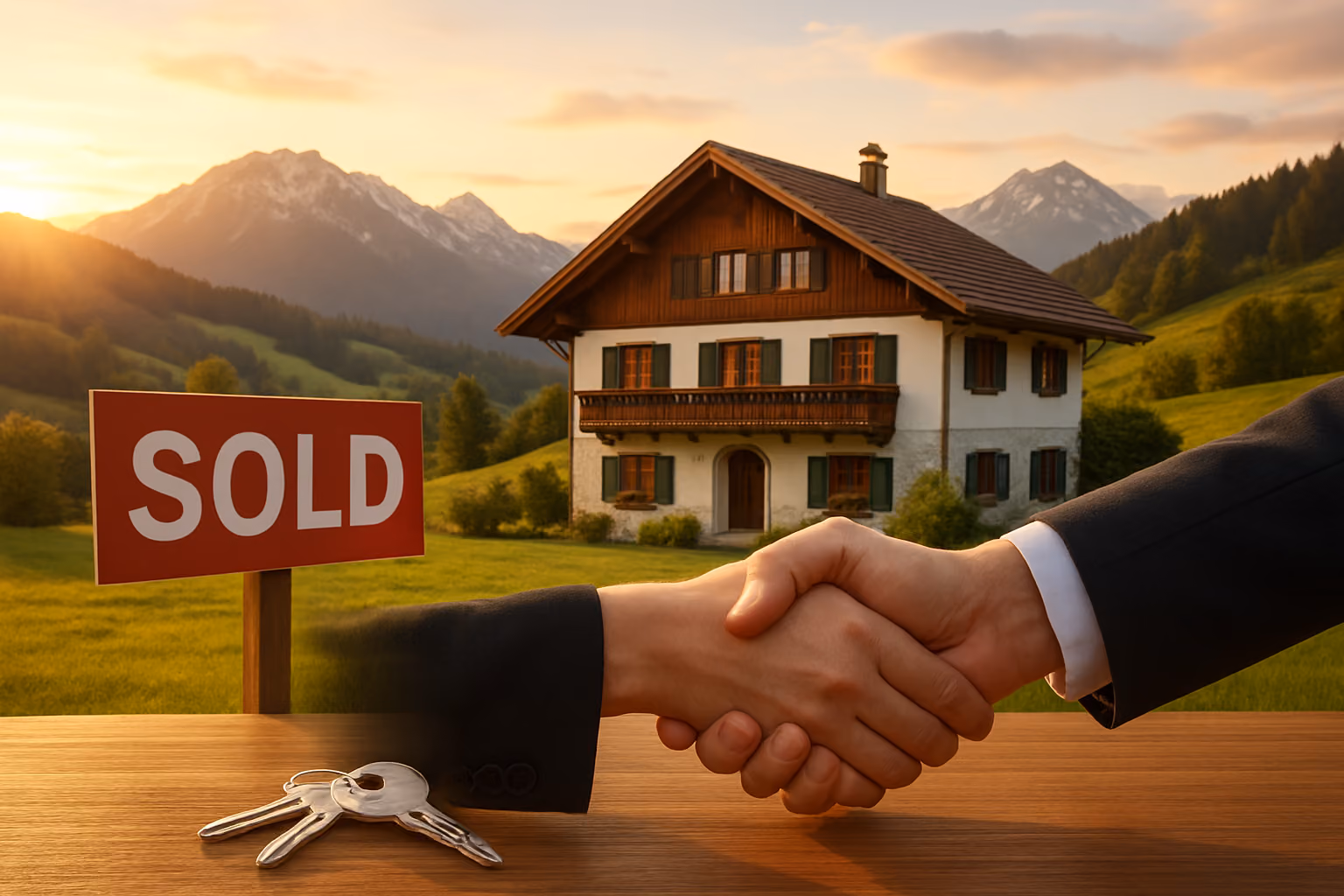 Create a realistic image of a beautiful Austrian alpine house with traditional architecture nestled in green rolling hills with snow-capped mountains in the background, featuring a "SOLD" sign in the foreground, golden sunset lighting creating a warm and successful atmosphere, with multiple keys on a wooden table suggesting shared ownership, and a handshake between two people (one white male, one white female) in business attire completing a property deal, conveying achievement and financial success in real estate investment, absolutely NO text should be in the scene.