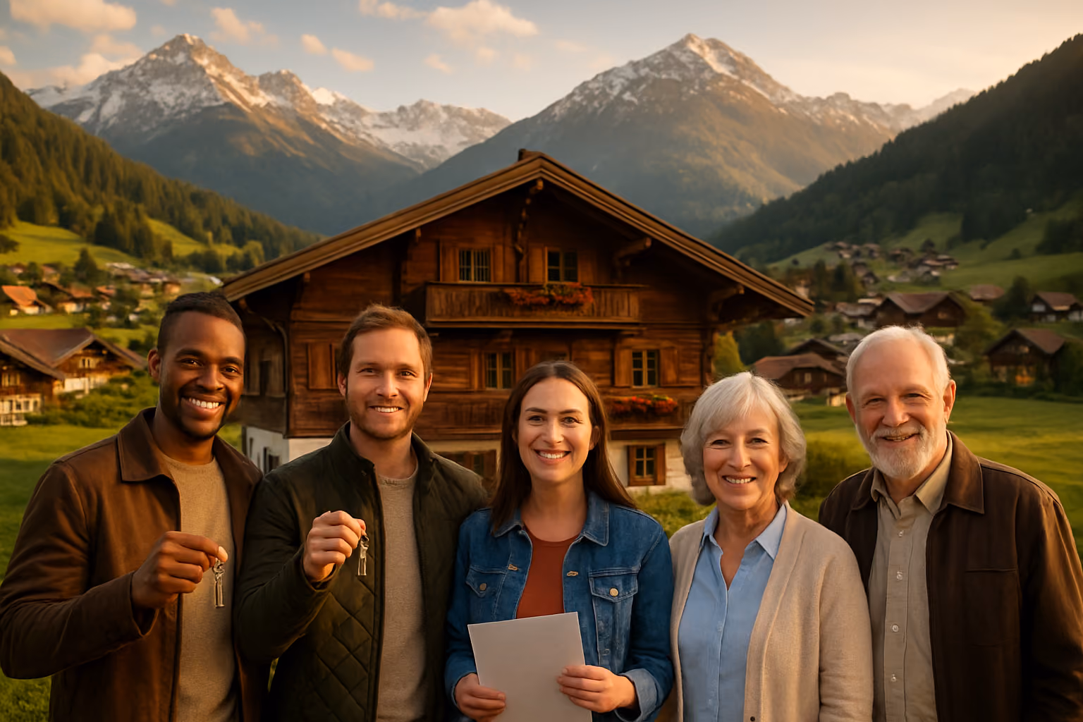 Create a realistic image of a beautiful Austrian alpine village with traditional chalets and mountain homes nestled in a valley surrounded by snow-capped mountains, featuring a diverse group of people including white and black males and females of various ages standing together in front of a charming wooden chalet, holding house keys and documents while smiling confidently, with golden hour lighting creating a warm and prosperous atmosphere, lush green meadows in the foreground, and a sense of community ownership and investment success, absolutely NO text should be in the scene.