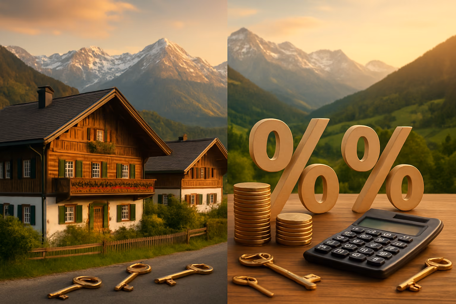 Create a realistic image of a split-screen composition showing Austrian alpine houses with traditional architecture on one side and financial elements like coins, calculator, and percentage symbols on the other side, set against a backdrop of snow-capped Austrian mountains and green valleys, with warm golden lighting suggesting prosperity and opportunity, featuring multiple keys symbolizing shared ownership scattered in the foreground, absolutely NO text should be in the scene.