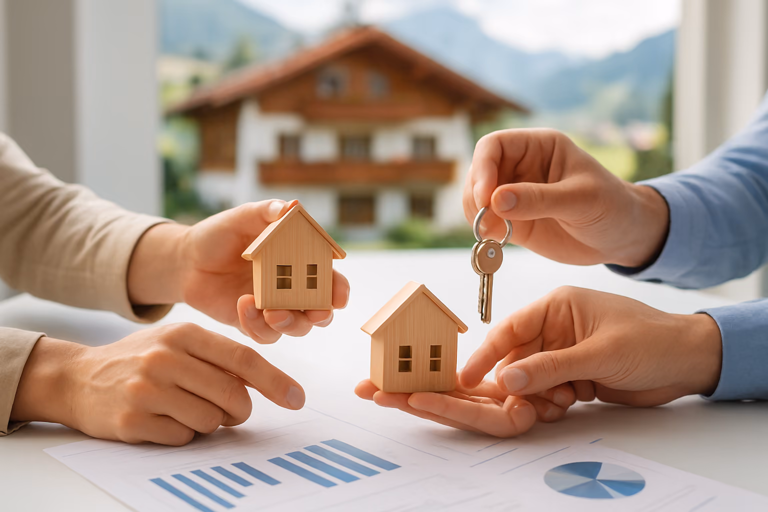Create a realistic image of multiple hands from different people reaching toward and holding small wooden house models or keys, representing shared ownership, with Austrian alpine houses visible in the blurred background, bright natural daylight, clean modern setting with documents and charts partially visible on a white table surface, conveying collaboration and shared investment opportunities, absolutely NO text should be in the scene.