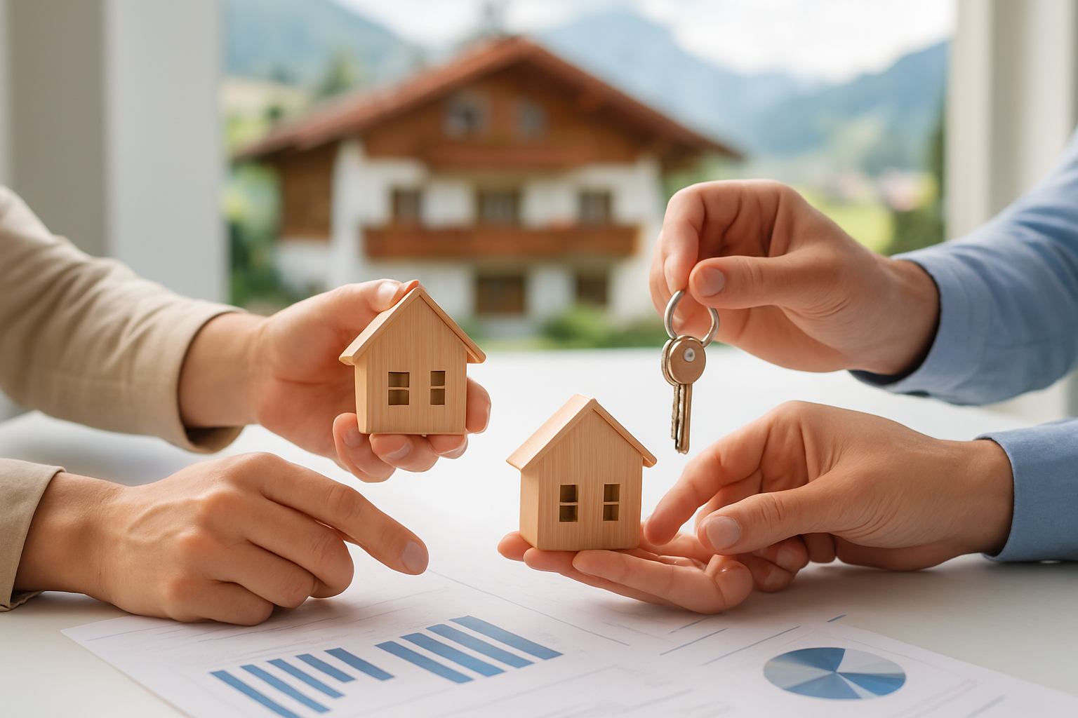 Create a realistic image of multiple hands from different people reaching toward and holding small wooden house models or keys, representing shared ownership, with Austrian alpine houses visible in the blurred background, bright natural daylight, clean modern setting with documents and charts partially visible on a white table surface, conveying collaboration and shared investment opportunities, absolutely NO text should be in the scene.