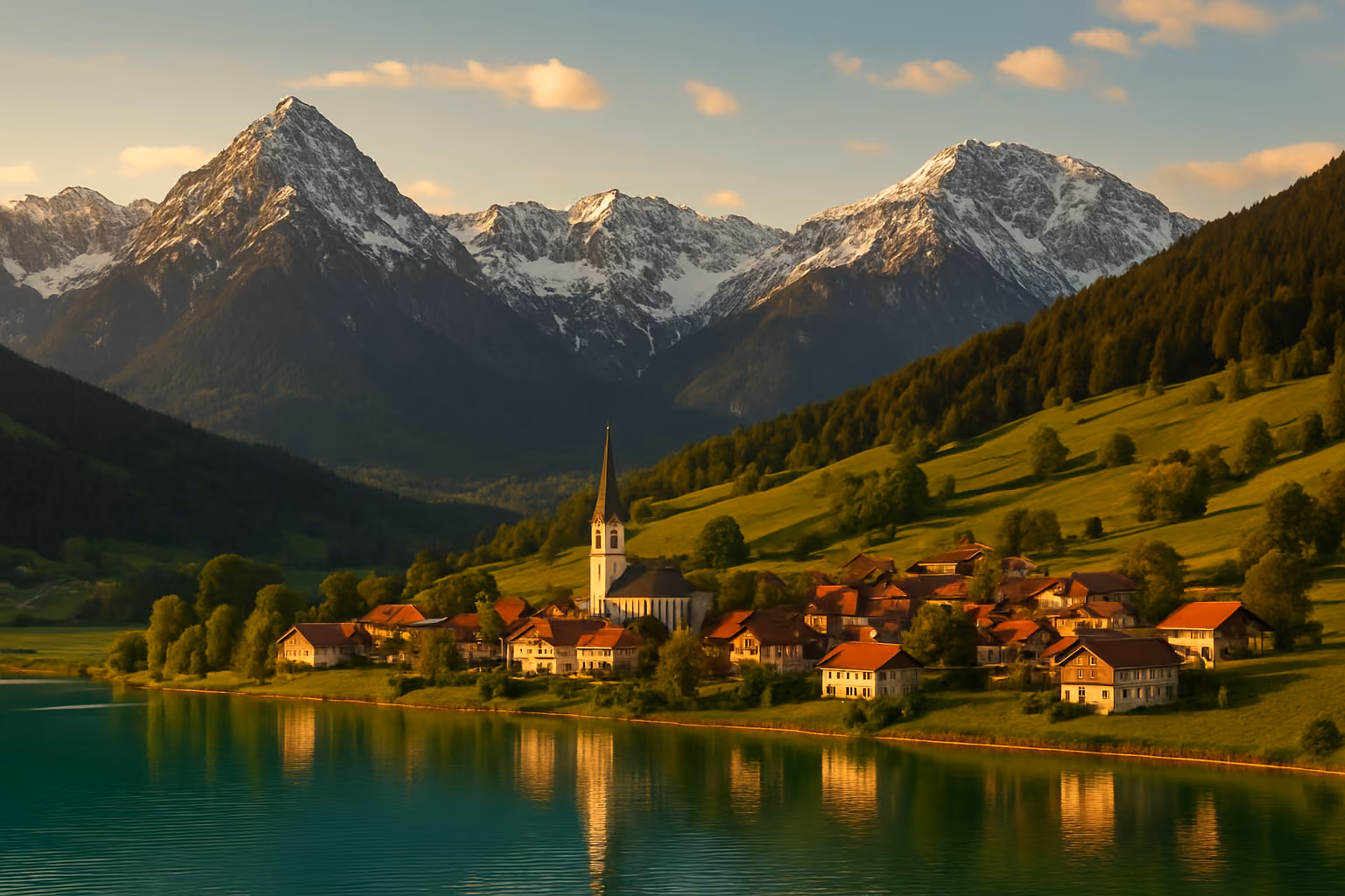 Create a realistic image of a stunning Austrian landscape featuring snow-capped Alpine mountains in the background, a pristine turquoise lake in the foreground, and a charming traditional Austrian village with red-roofed houses nestled between rolling green hills, captured during golden hour with warm sunlight illuminating the scene, creating a peaceful and inviting atmosphere that showcases Austria's natural beauty and cultural charm, absolutely NO text should be in the scene.