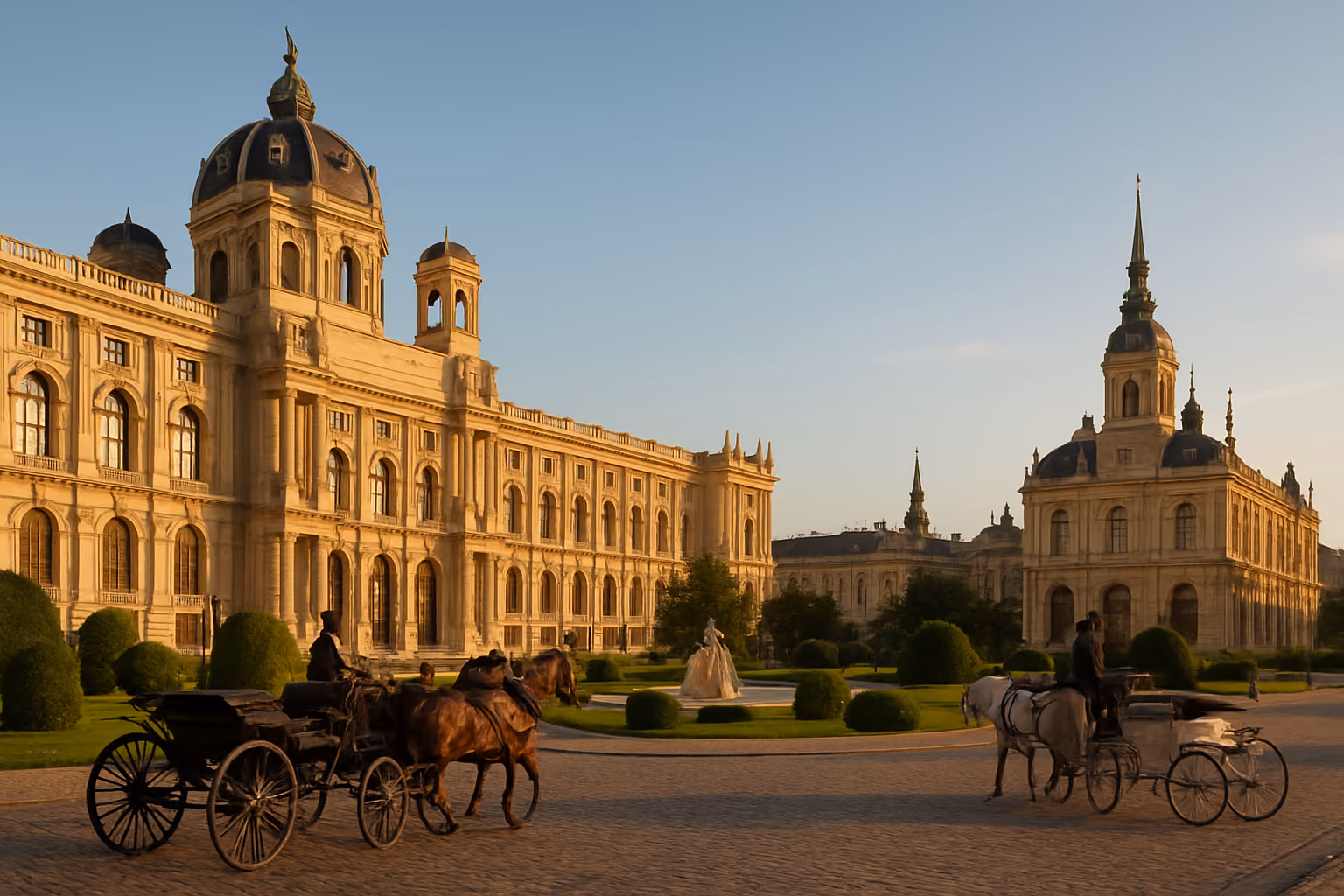 Create a realistic image of Vienna's historic city center showcasing imperial Austrian architecture with ornate baroque and classical buildings, grand palaces with detailed facades, elegant spires and domes against a clear blue sky, cobblestone streets, horse-drawn carriages, and well-manicured gardens with fountains, captured during golden hour lighting that emphasizes the regal and cultural atmosphere of Austria's capital city, absolutely NO text should be in the scene.