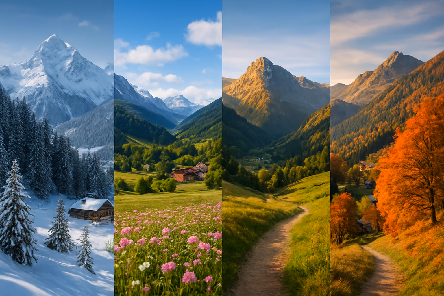 Create a realistic image of a split-screen composition showing Austria's four distinct seasons, featuring the iconic Austrian Alps and traditional alpine villages, with the left side displaying snow-covered mountains and evergreen trees representing winter, transitioning to blooming flowers and green meadows of spring, then golden sunlit peaks and hiking trails of summer, and finally autumn foliage with orange and red leaves on the right side, captured in natural daylight with dramatic mountain lighting that highlights the seasonal contrasts, conveying the diverse travel experiences available throughout the year, absolutely NO text should be in the scene.