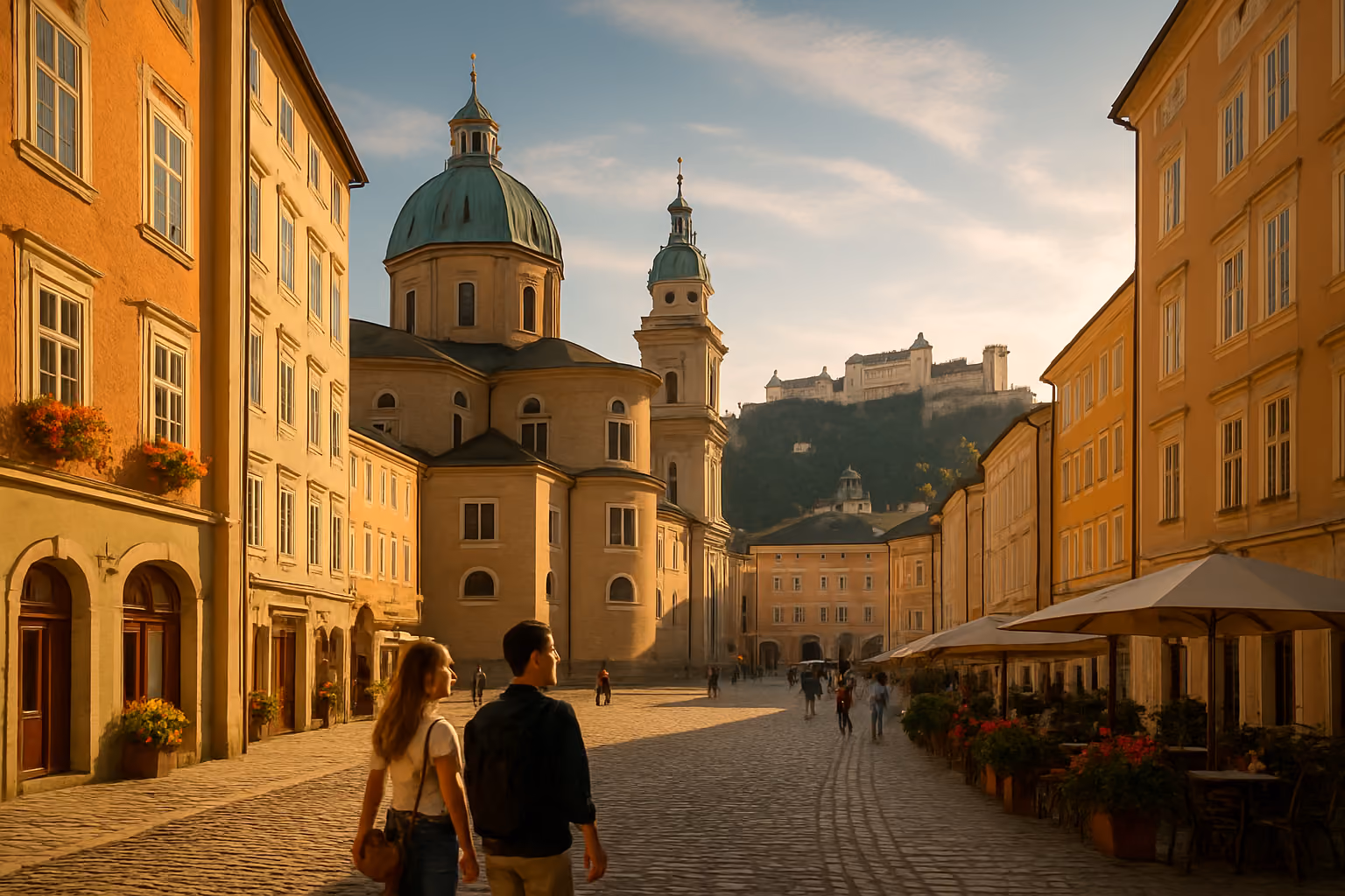 Create a realistic image of Salzburg's historic old town center with the iconic baroque cathedral dome and spires prominently featured, medieval cobblestone streets winding through colorful Austrian buildings with traditional architecture, the majestic Hohensalzburg fortress castle visible on the hilltop in the background, alpine mountains creating a dramatic backdrop, warm golden hour lighting casting long shadows across the scene, a few tourists walking leisurely through the square including a white female and asian male couple admiring the architecture, outdoor café umbrellas and flower boxes adding charm to the Austrian cityscape, clear blue sky with wispy clouds, absolutely NO text should be in the scene.