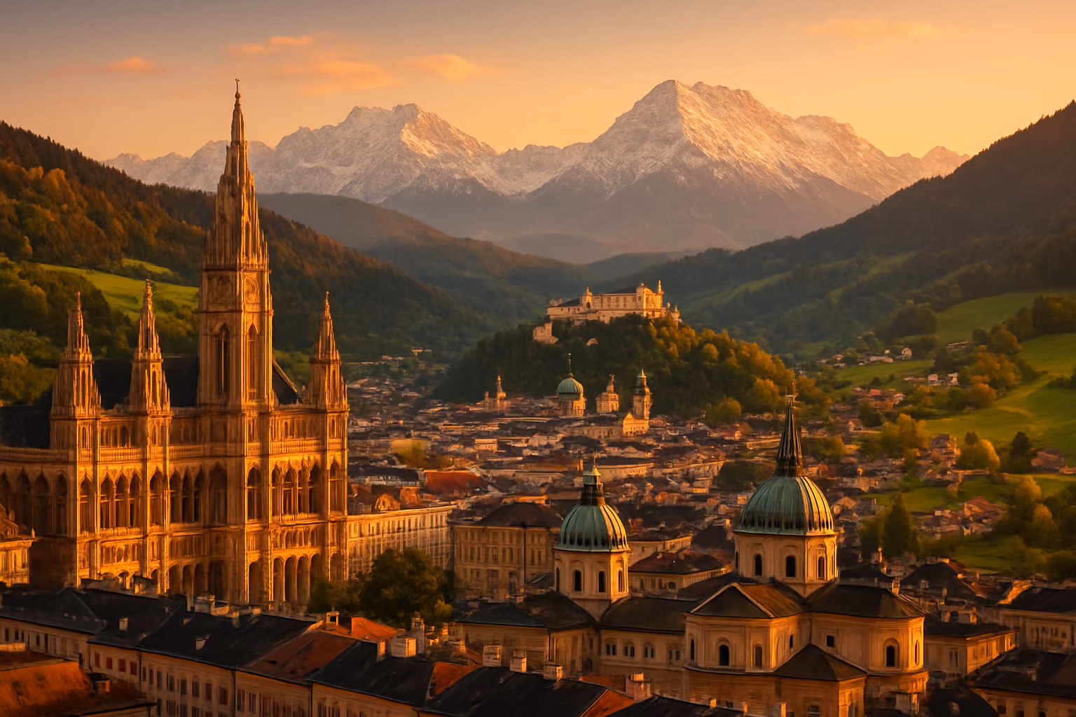 Create a realistic image of a breathtaking Austrian landscape panorama showcasing multiple iconic destinations in one sweeping view, featuring the elegant spires and baroque architecture of Vienna in the foreground, the medieval charm of Salzburg's old town in the middle distance, and the snow-capped Alpine peaks of Tyrol rising majestically in the background, with a picturesque fairytale village nestled in the valley between rolling green hills dotted with traditional Austrian chalets, captured during golden hour with warm, inviting light that creates a sense of wanderlust and the desire to return, conveying the timeless beauty and diverse attractions that draw visitors back to Austria year after year, absolutely NO text should be in the scene.