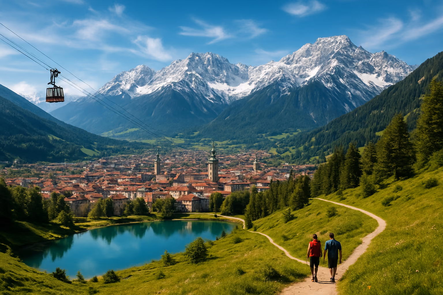 Create a realistic image of majestic snow-capped Alpine mountains surrounding the historic city of Innsbruck with traditional Austrian architecture, featuring outdoor adventure activities like hiking trails winding through green meadows, a cable car ascending toward mountain peaks, and pristine alpine lakes reflecting the dramatic mountain landscape under bright blue skies with wispy white clouds, capturing the essence of year-round outdoor recreation and natural beauty that draws visitors back to the Tyrol region repeatedly, absolutely NO text should be in the scene.