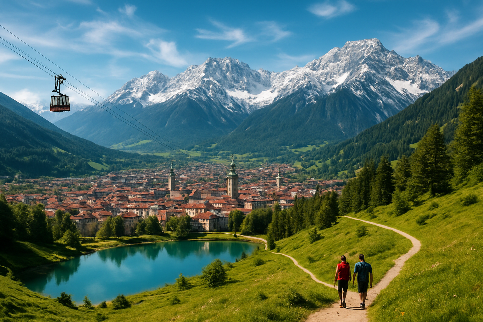 Create a realistic image of majestic snow-capped Alpine mountains surrounding the historic city of Innsbruck with traditional Austrian architecture, featuring outdoor adventure activities like hiking trails winding through green meadows, a cable car ascending toward mountain peaks, and pristine alpine lakes reflecting the dramatic mountain landscape under bright blue skies with wispy white clouds, capturing the essence of year-round outdoor recreation and natural beauty that draws visitors back to the Tyrol region repeatedly, absolutely NO text should be in the scene.