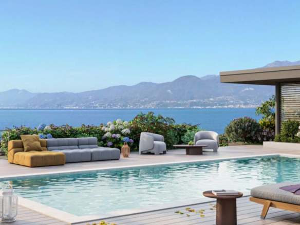 Lake Garda garden apartment with panoramic lake view and shared roof terrace with pool