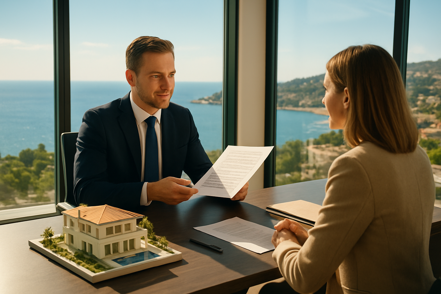 Create a realistic image of a professional meeting scene at a modern real estate office overlooking the French Riviera coastline through large windows, where a white male real estate agent in a suit presents property documents and a contract to a white female client seated across a sleek desk, with a miniature model of a luxury villa, a pen, and neatly organized folders visible on the desk, the room bathed in warm Mediterranean sunlight casting a bright and confident atmosphere, symbolizing a secure and professional property transaction process. Absolutely NO text should be in the scene.