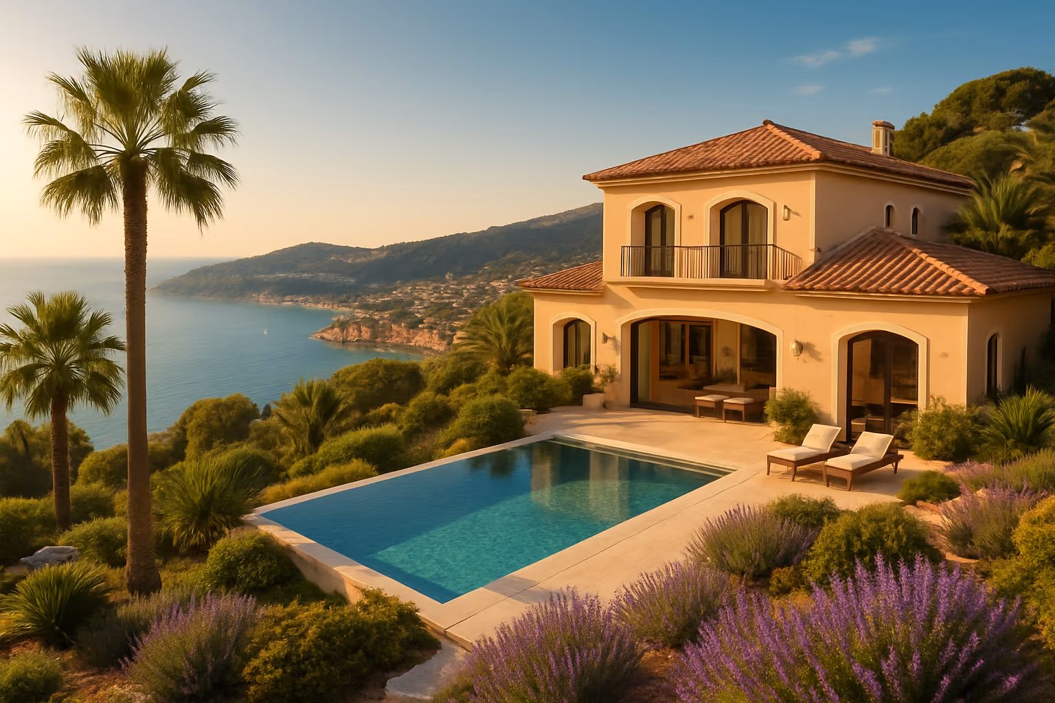 Create a realistic image of a stunning luxury villa perched on a sun-drenched hillside overlooking the turquoise waters of the French Riviera coastline, with terracotta rooftops, lush Mediterranean gardens featuring palm trees and lavender, a private infinity pool reflecting the golden afternoon sunlight, and the glamorous coastal town of Nice or Monaco visible in the background, evoking a sense of elegance, exclusivity, and idyllic Mediterranean lifestyle, bathed in warm, golden hour sunlight with a clear blue sky. Absolutely NO text should be in the scene.