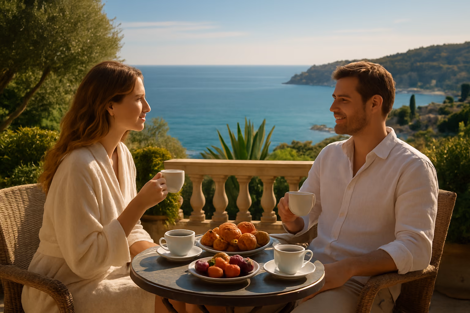 Create a realistic image of a luxurious private terrace overlooking the stunning turquoise waters of the French Riviera coastline, featuring a white female and a white male couple relaxed and unhurried, enjoying a leisurely breakfast with fresh croissants, coffee, and fruit on an elegant outdoor table, surrounded by lush Mediterranean vegetation and soft morning sunlight casting a warm golden glow over the scene, evoking a deep sense of belonging, comfort, and personal ownership rather than a typical tourist experience, with the sparkling Côte d'Azur stretching across the background under a clear blue sky. Absolutely NO text should be in the scene.