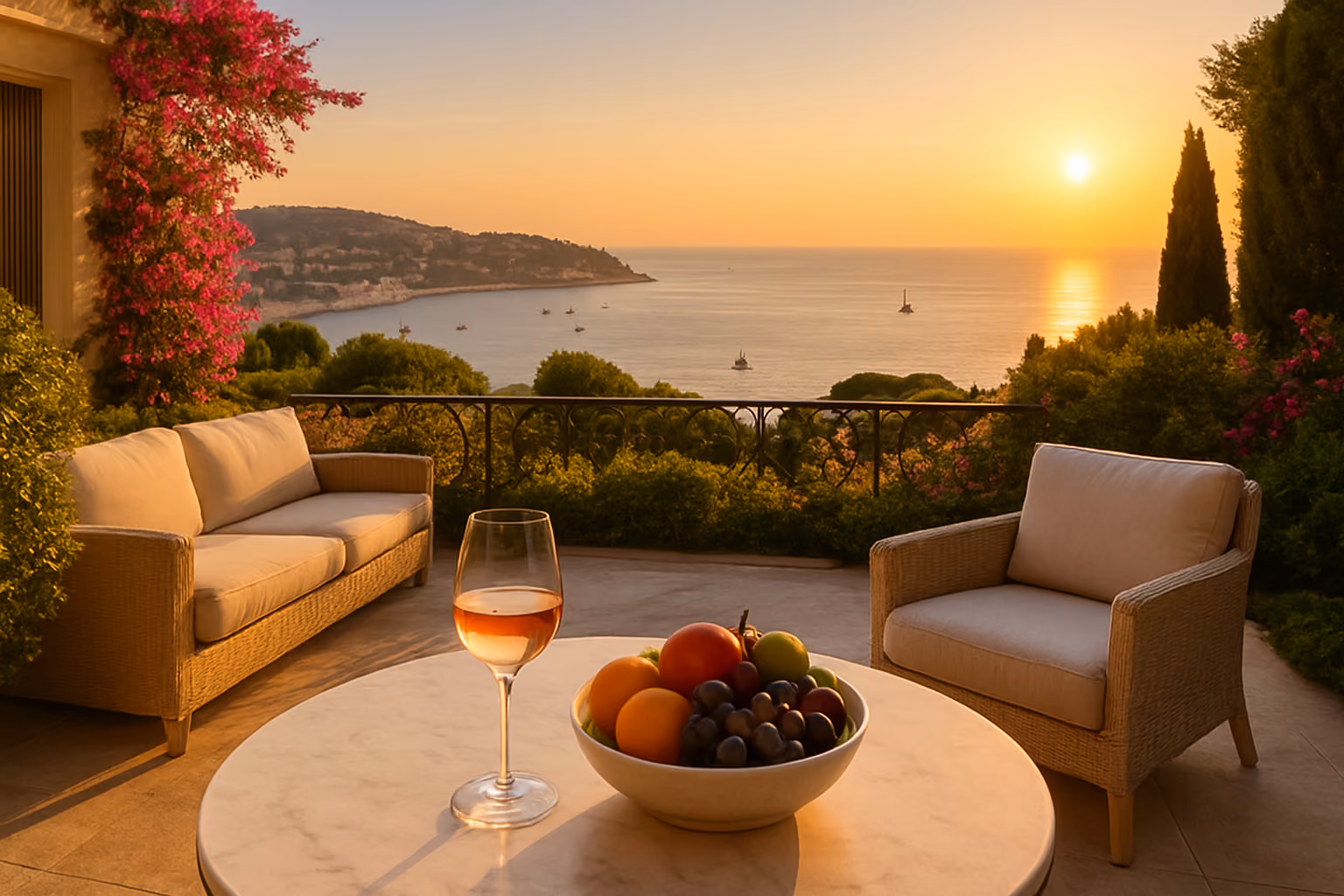 Create a realistic image of a stunning luxury villa terrace on the French Riviera overlooking the sparkling Mediterranean Sea, with elegant outdoor furniture, a glass of rosé wine and a bowl of fresh fruit on a marble table in the foreground, lush greenery and colorful bougainvillea framing the scene, the glamorous coastline of Nice or Cannes with sailboats and a golden sunset visible in the background, warm golden hour lighting casting a soft glow over the entire scene, evoking a sense of exclusivity, relaxation, and the refined pleasure of owning a private retreat on the Côte d'Azur. Absolutely NO text should be in the scene.