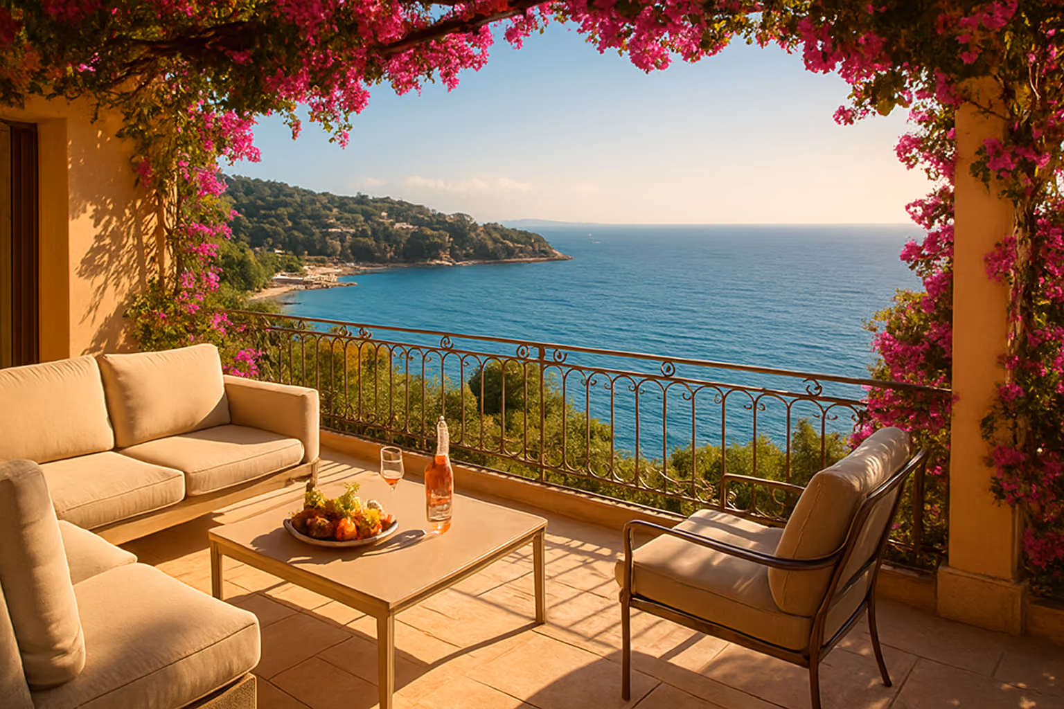Create a realistic image of a luxurious private villa terrace on the French Riviera, with a stunning panoramic view of the turquoise Mediterranean Sea and the sun-drenched coastline, featuring elegant outdoor furniture with a chilled bottle of rosé wine and fresh fruit on a table, lush bougainvillea framing the terrace edges, warm golden afternoon sunlight casting a soft glow over the scene, conveying a sense of exclusive ownership, relaxation, and effortless Mediterranean luxury. Absolutely NO text should be in the scene.